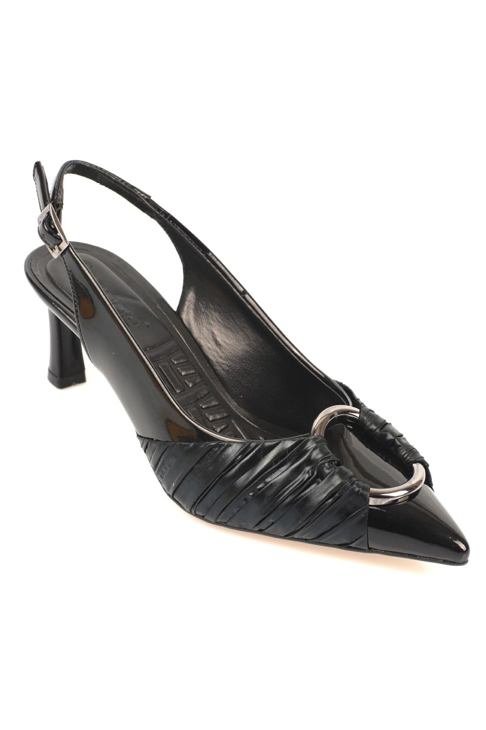 Capone Mid Heel Pointed Toe Pleated Metalic Round Bouckle Patent Leather Slingback Women Black Shoes