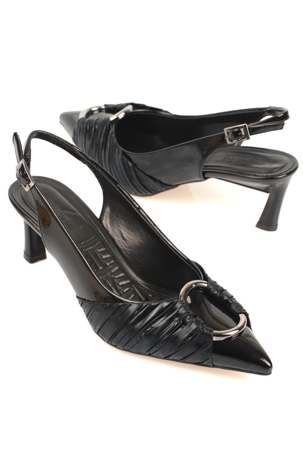 Capone Mid Heel Pointed Toe Pleated Metalic Round Bouckle Patent Leather Slingback Women Black Shoes