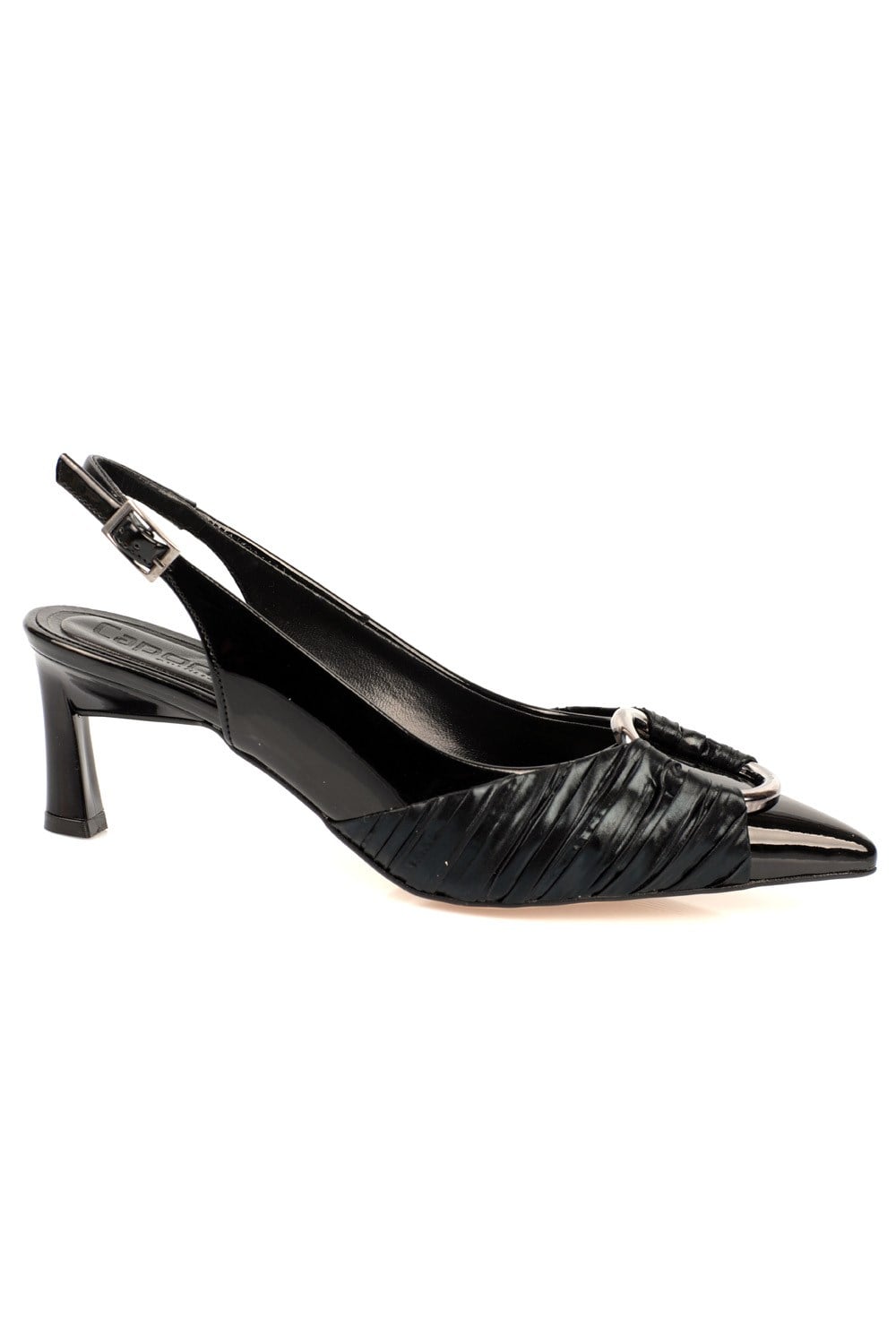 Capone Mid Heel Pointed Toe Pleated Metalic Round Bouckle Patent Leather Slingback Women Black Shoes