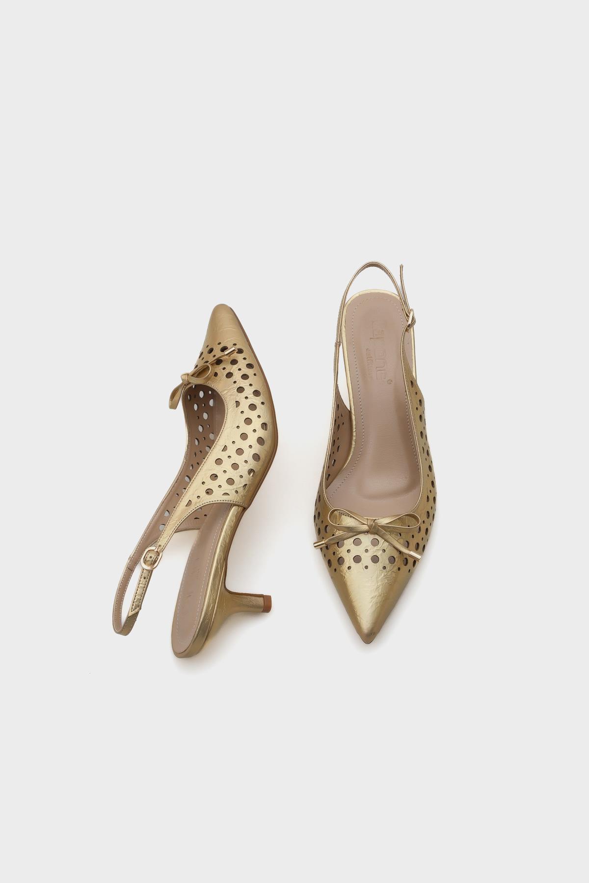 Capone Mid Heel Studded Pointed Toe Open Back Metallic Women Gold Shoes