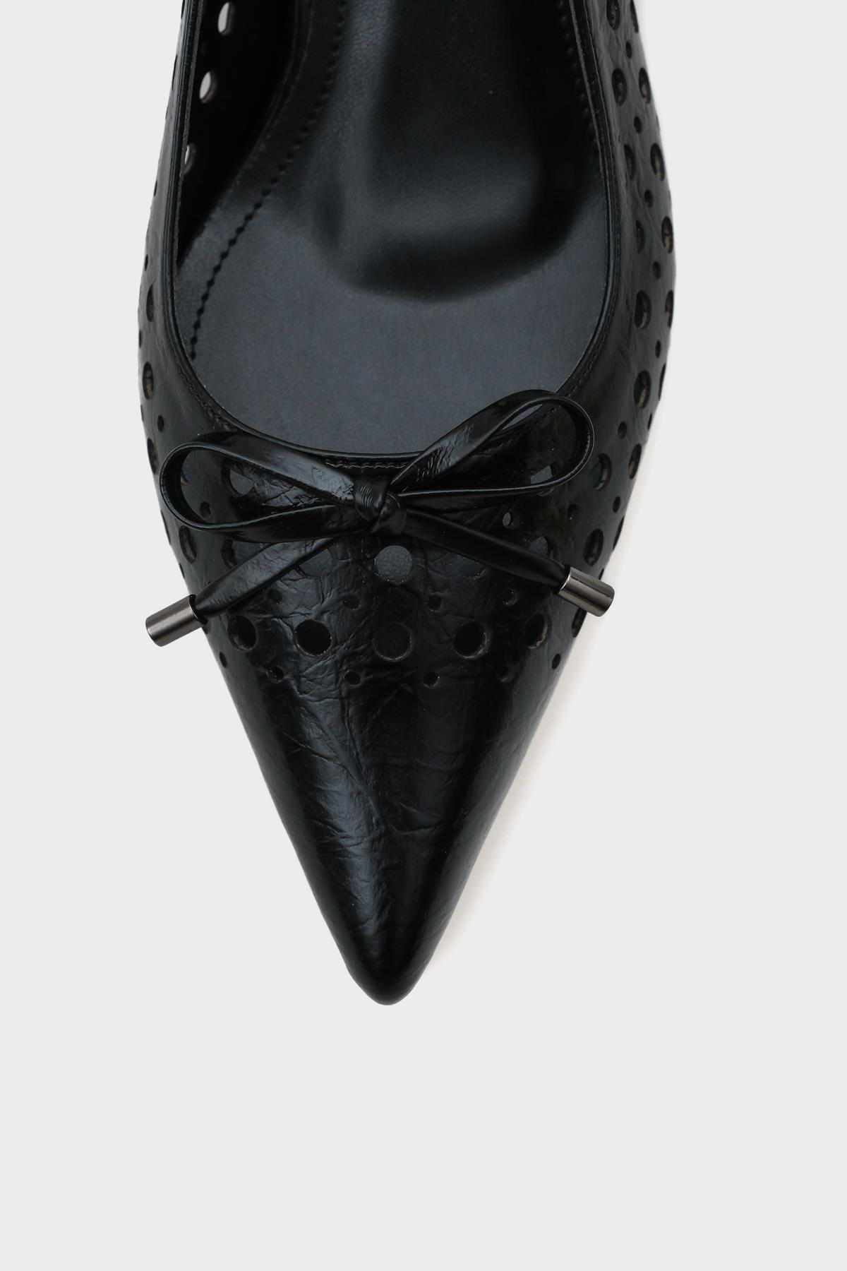Capone Mid Heel Studded Pointed Toe Open Back Metallic Women Black Shoes