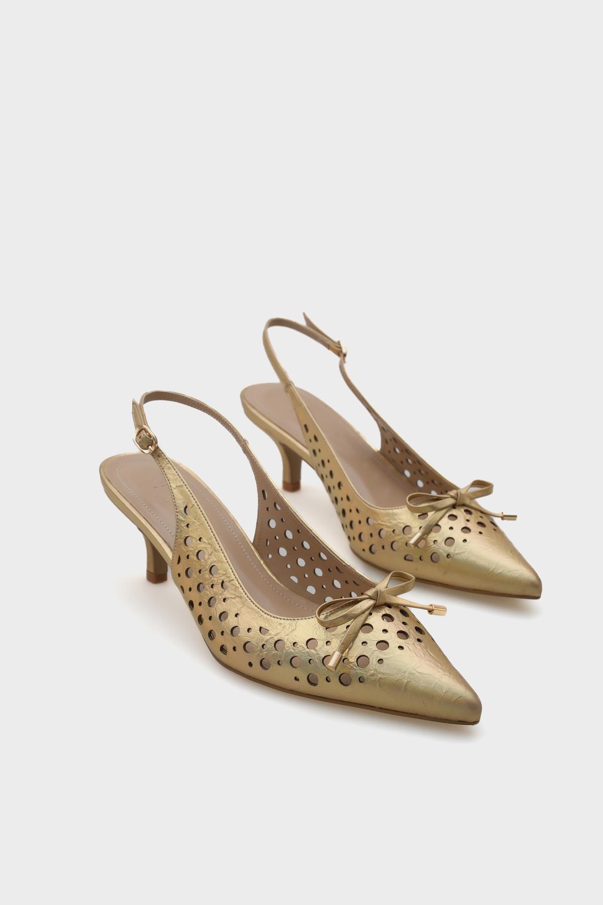 Capone Mid Heel Studded Pointed Toe Open Back Metallic Women Gold Shoes