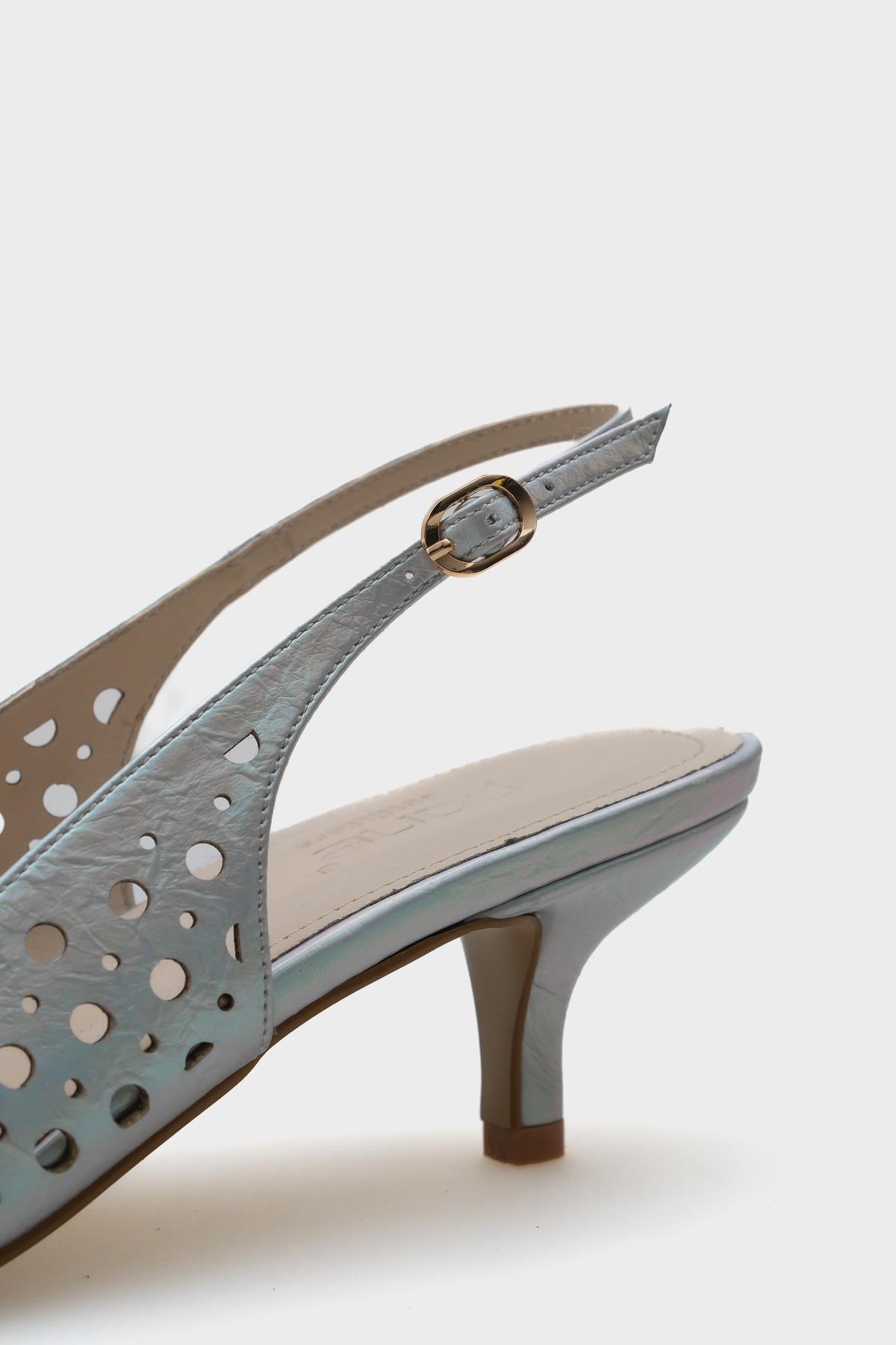 Capone Mid Heel Studded Pointed Toe Open Back Metallic Women Silver Shoes