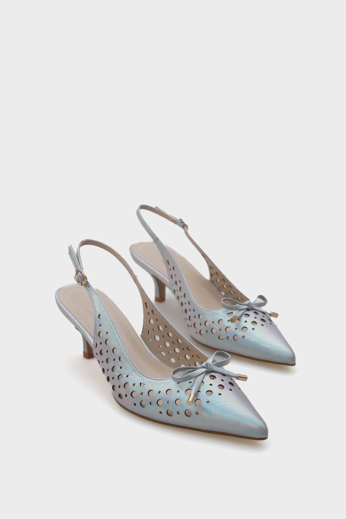 Capone Mid Heel Studded Pointed Toe Open Back Metallic Women Silver Shoes