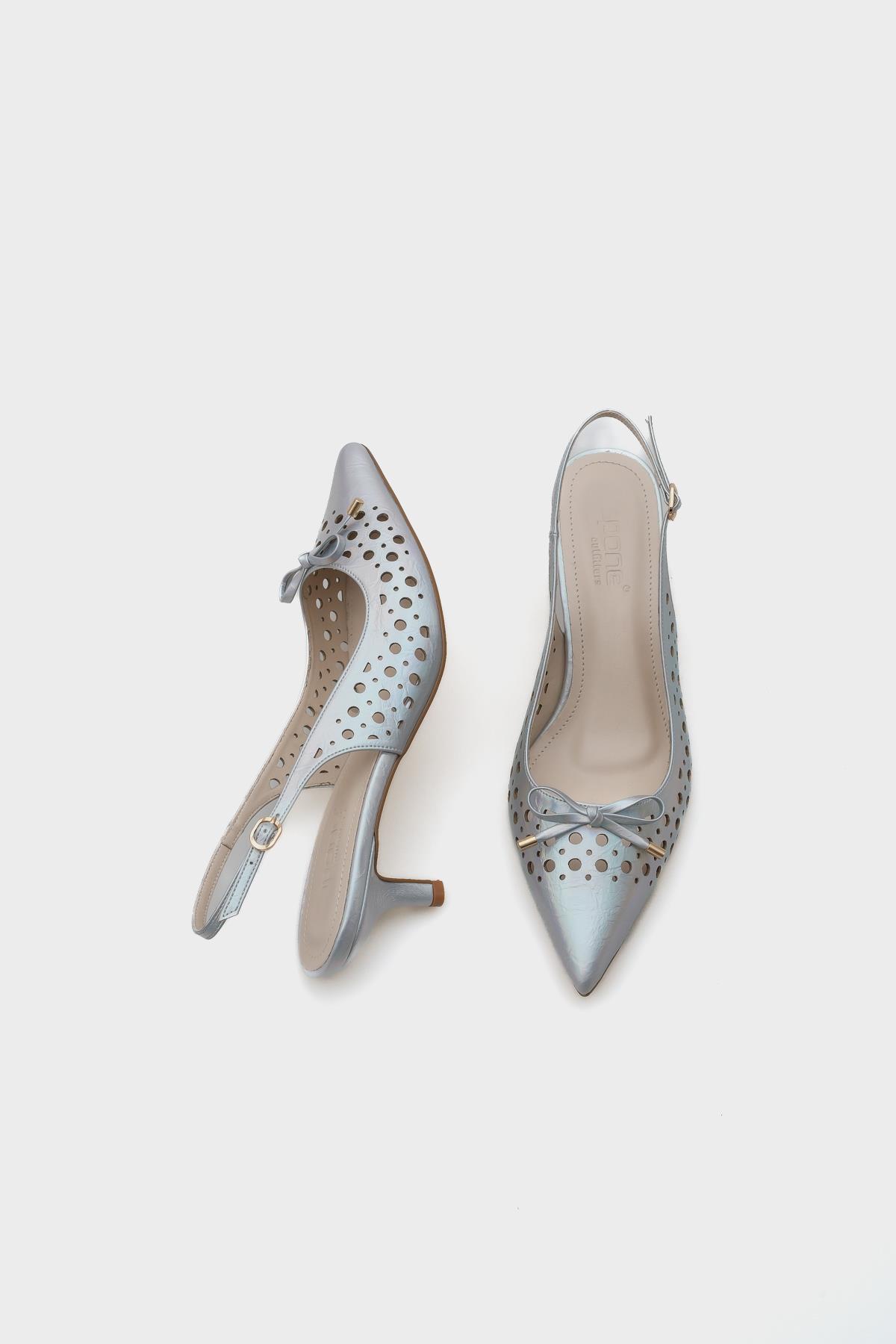 Capone Mid Heel Studded Pointed Toe Open Back Metallic Women Silver Shoes