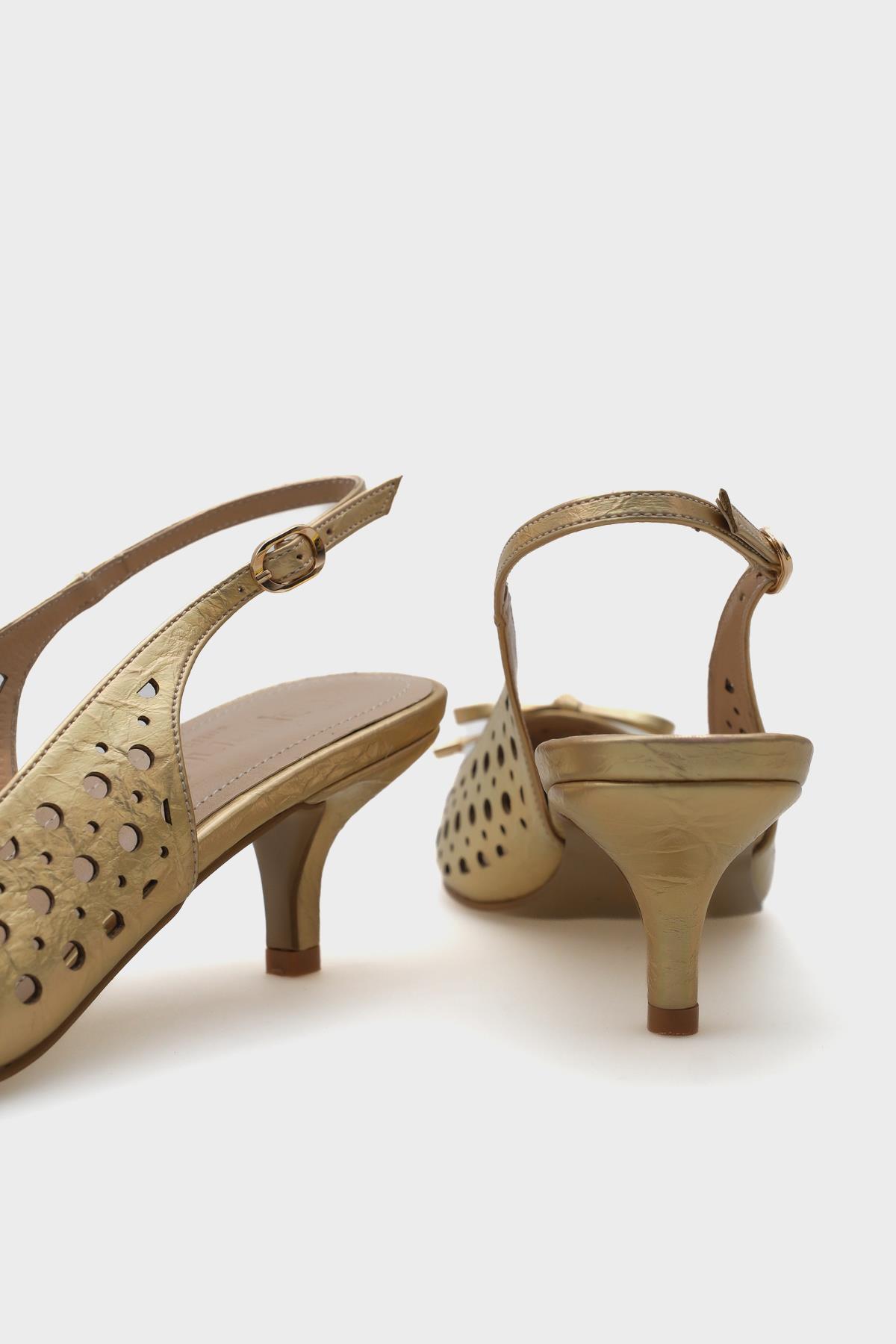 Capone Mid Heel Studded Pointed Toe Open Back Metallic Women Gold Shoes