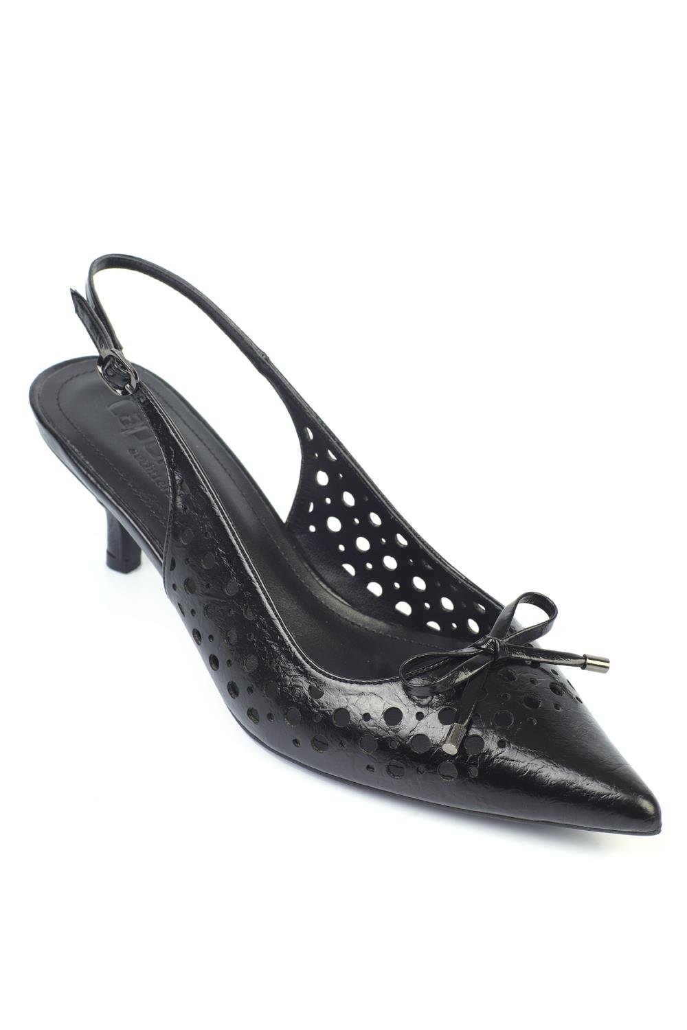 Capone Mid Heel Studded Pointed Toe Open Back Metallic Women Black Shoes