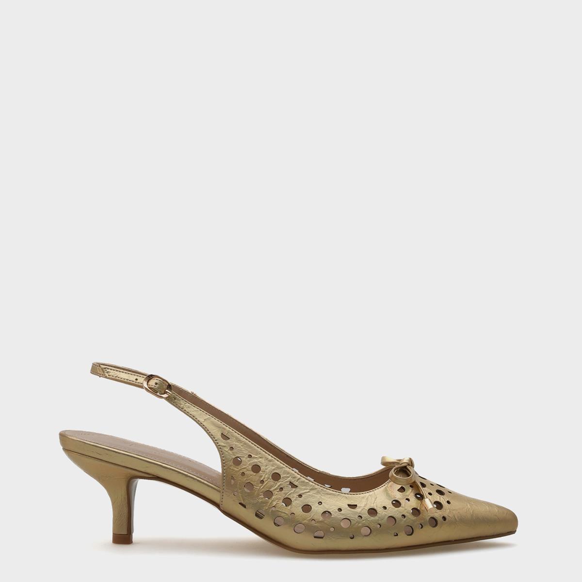 Capone Mid Heel Studded Pointed Toe Open Back Metallic Women Gold Shoes