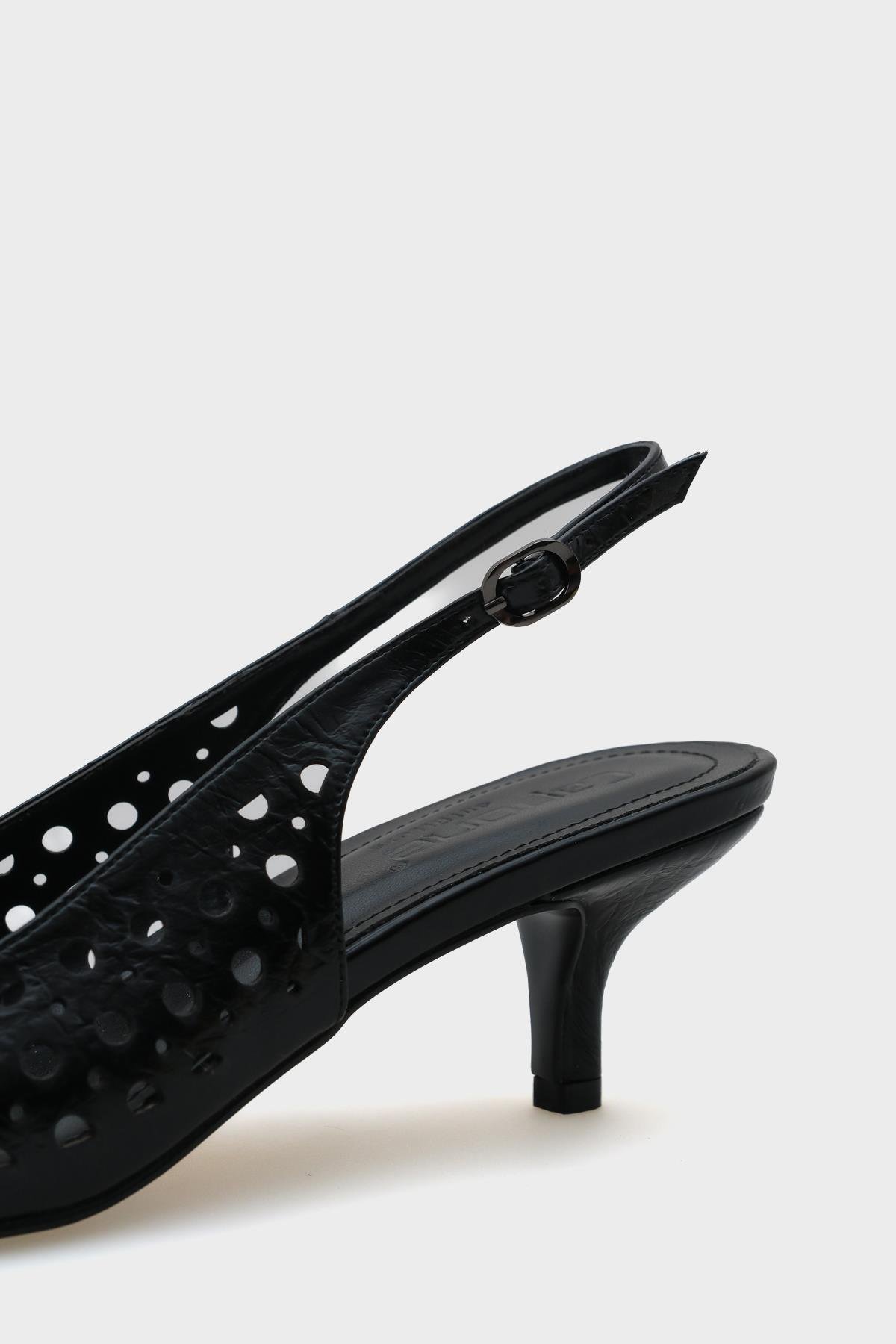 Capone Mid Heel Studded Pointed Toe Open Back Metallic Women Black Shoes