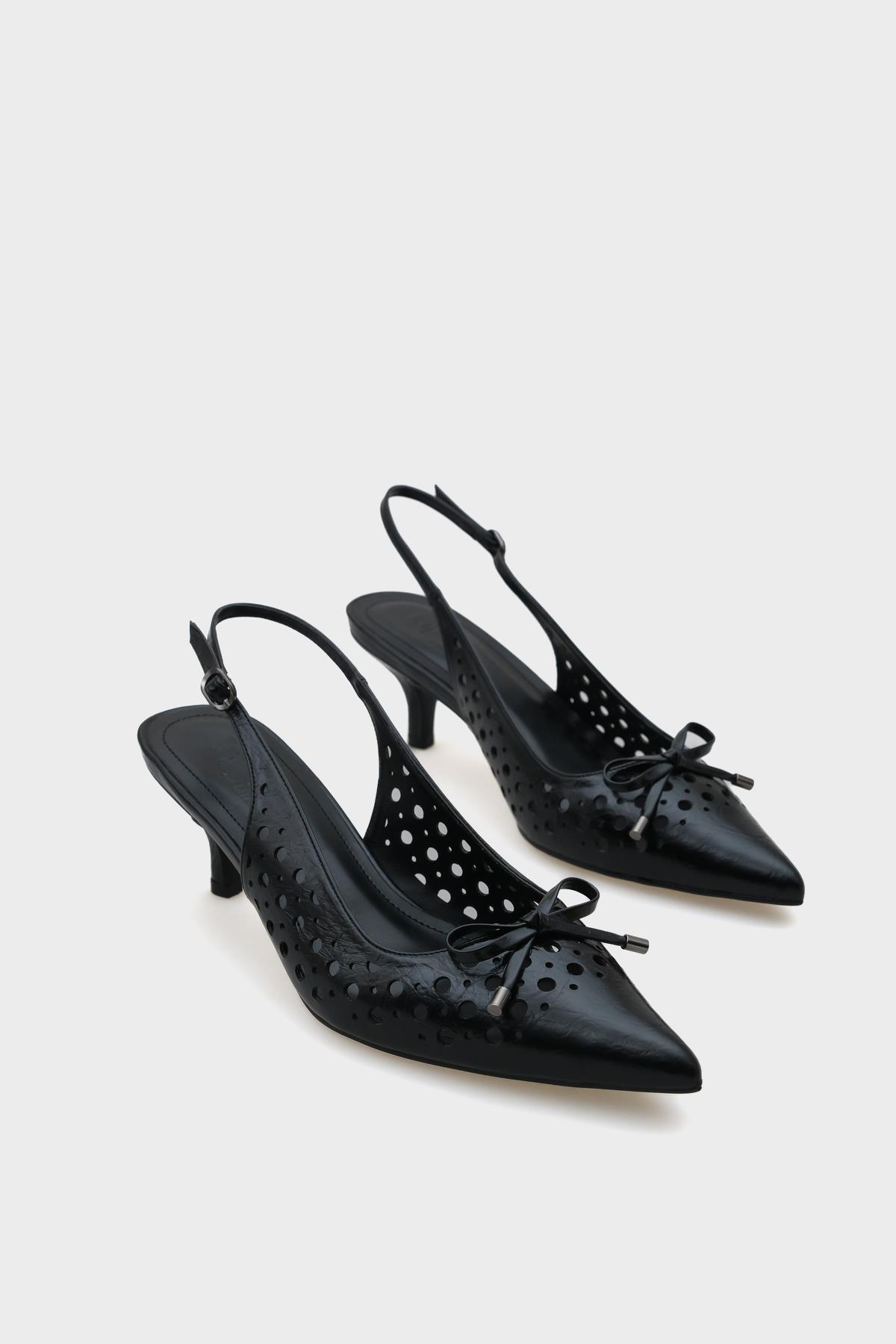 Capone Mid Heel Studded Pointed Toe Open Back Metallic Women Black Shoes