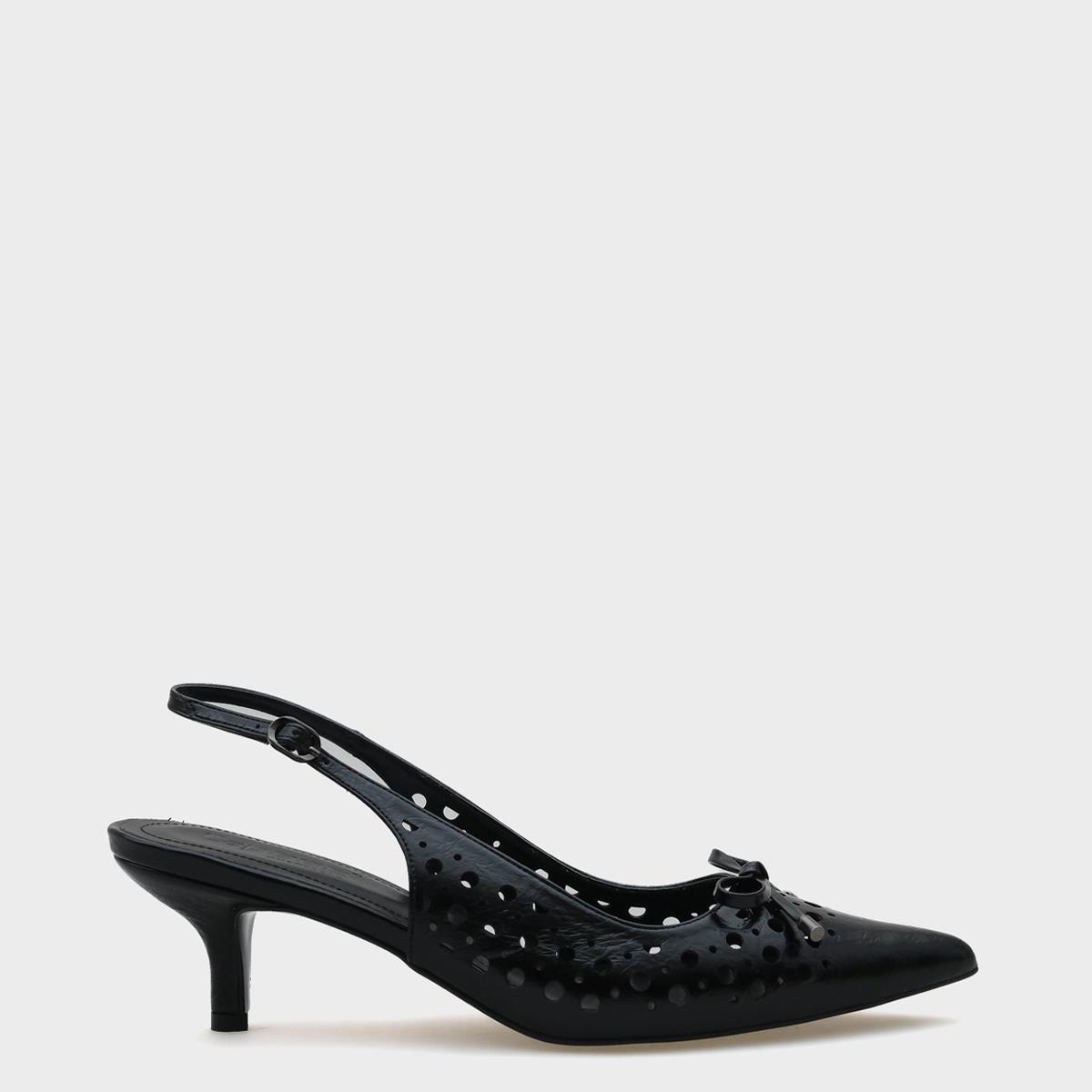 Capone Mid Heel Studded Pointed Toe Open Back Metallic Women Black Shoes