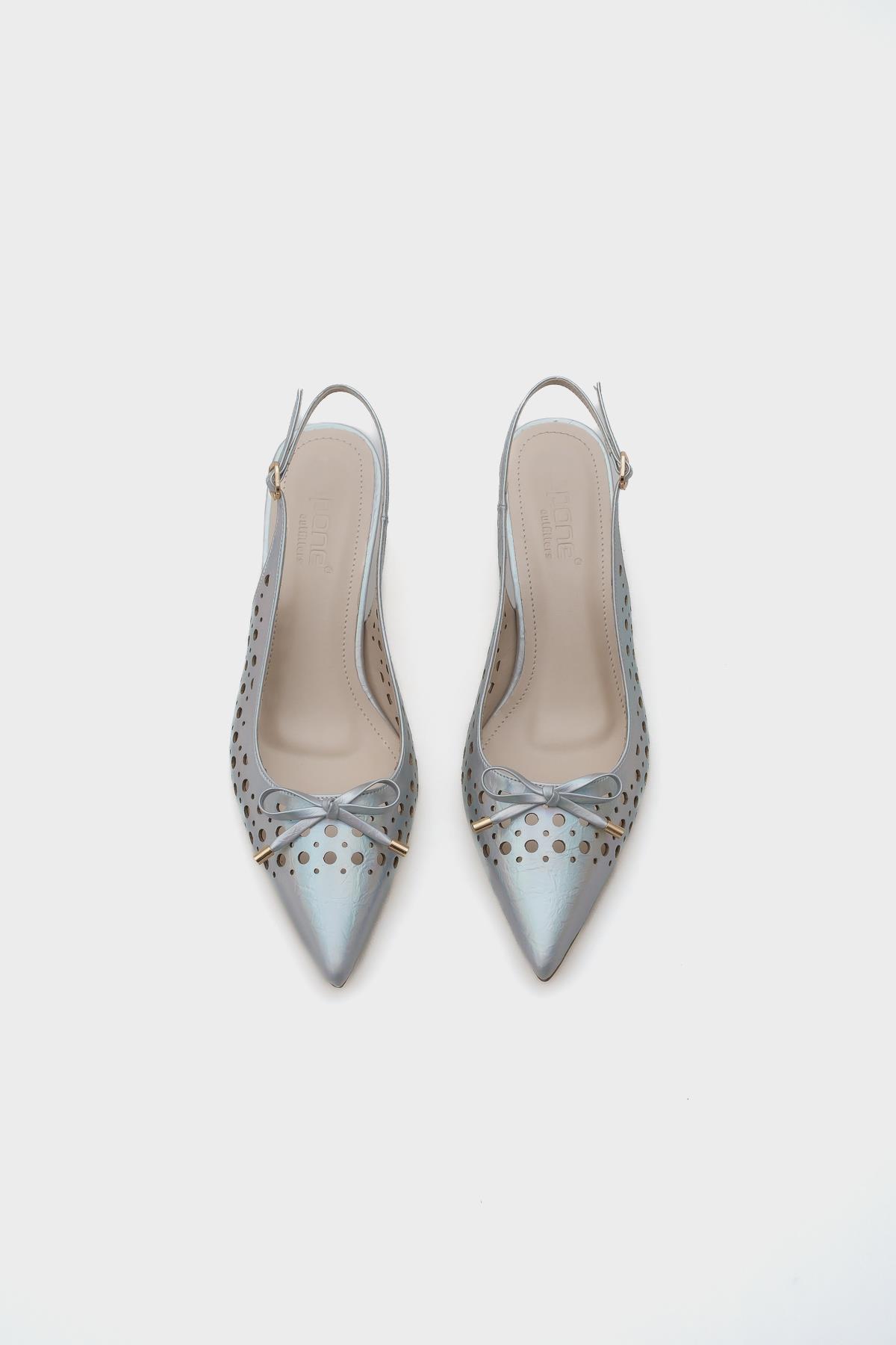 Capone Mid Heel Studded Pointed Toe Open Back Metallic Women Silver Shoes