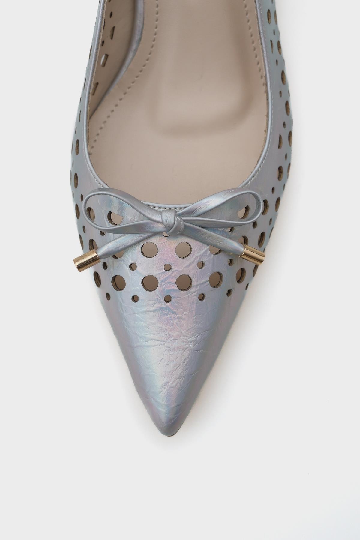 Capone Mid Heel Studded Pointed Toe Open Back Metallic Women Silver Shoes