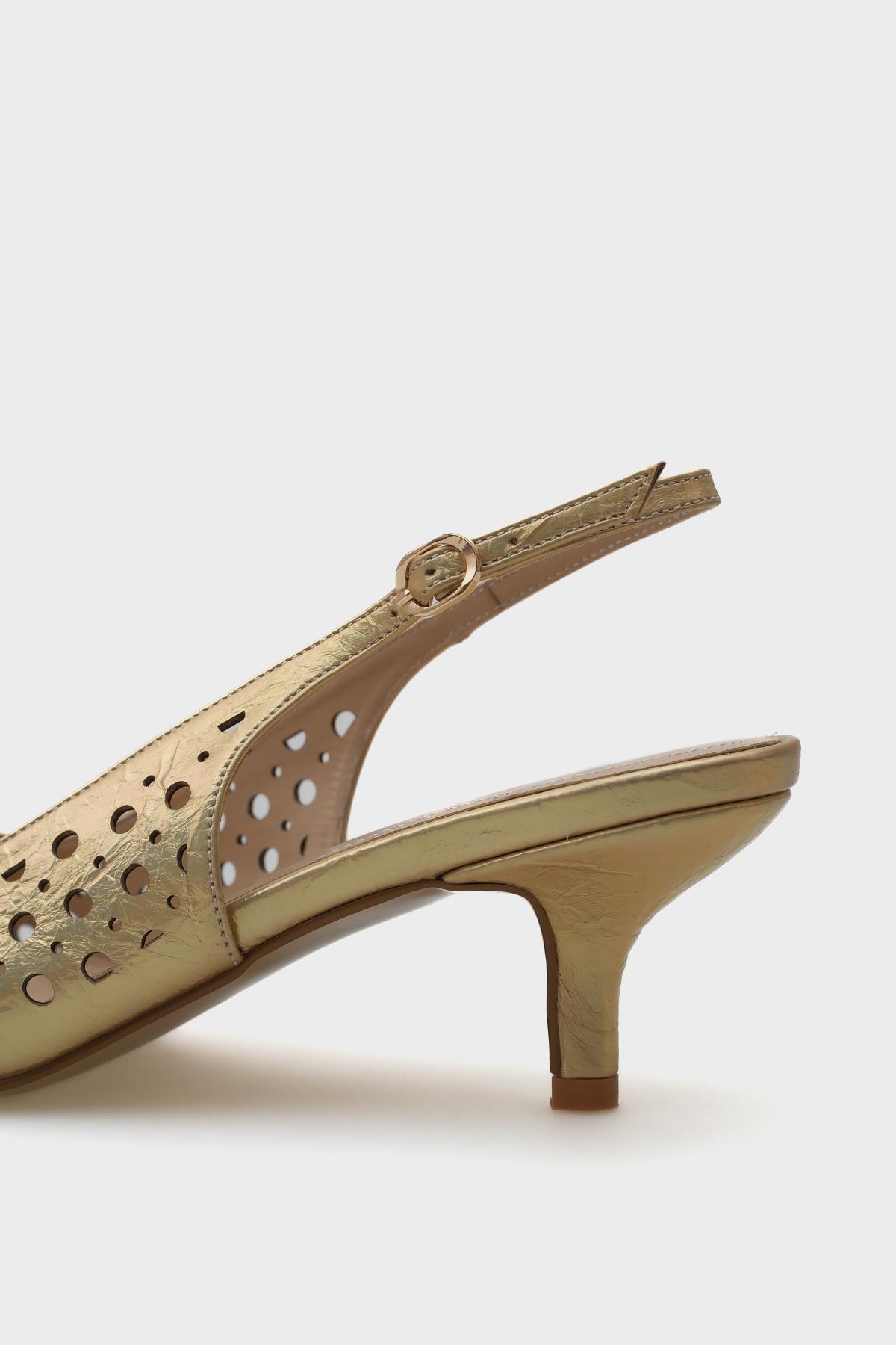 Capone Mid Heel Studded Pointed Toe Open Back Metallic Women Gold Shoes