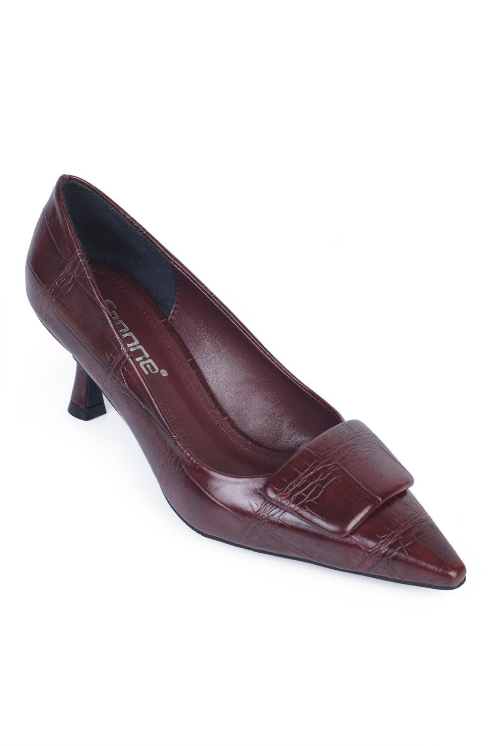Capone Mid-Heeled Crocodile Patterned Casual Women Burgundy Shoes
