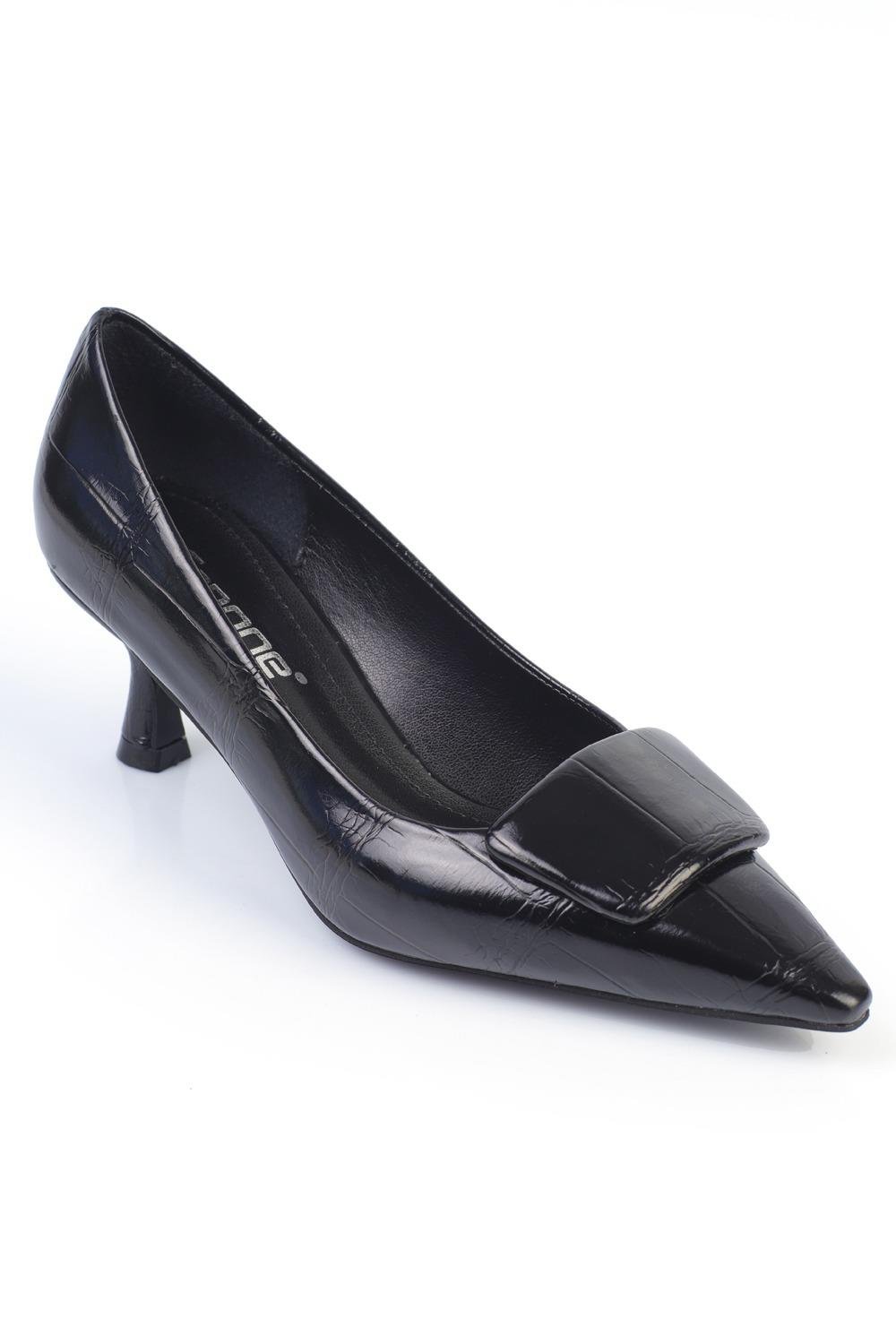 Capone Mid-Heeled Crocodile Patterned Casual Women Black Shoes