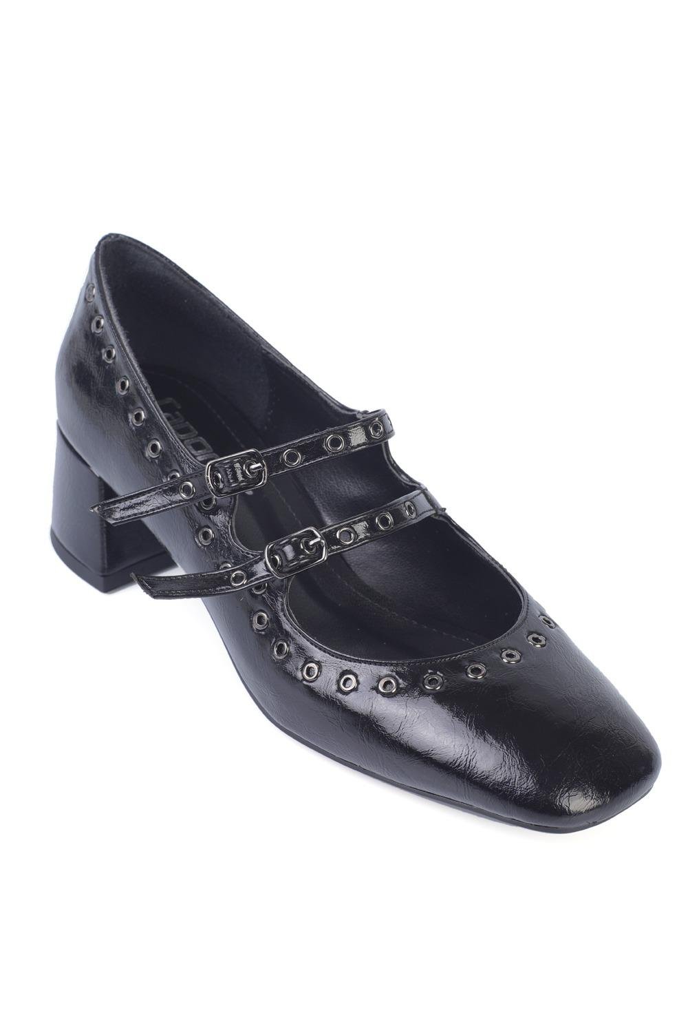Capone Mid-Heeled Studded Women Black Crinkle Patent Mary Jane Shoes