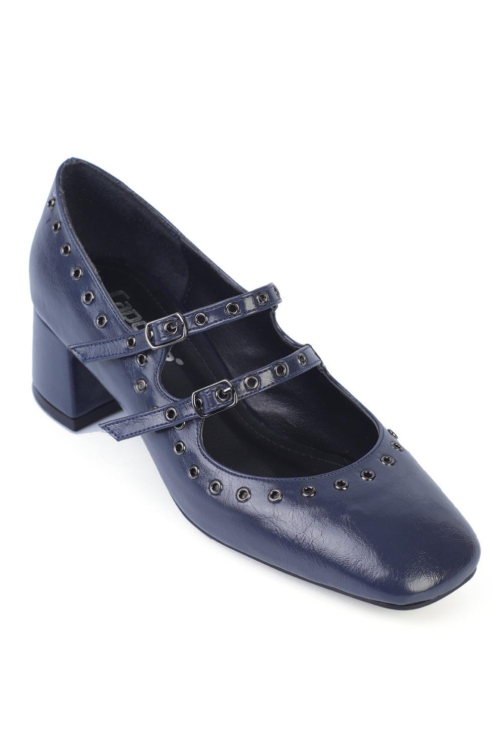 Capone Mid-Heeled Studded Women Navy Mary Jane Shoes