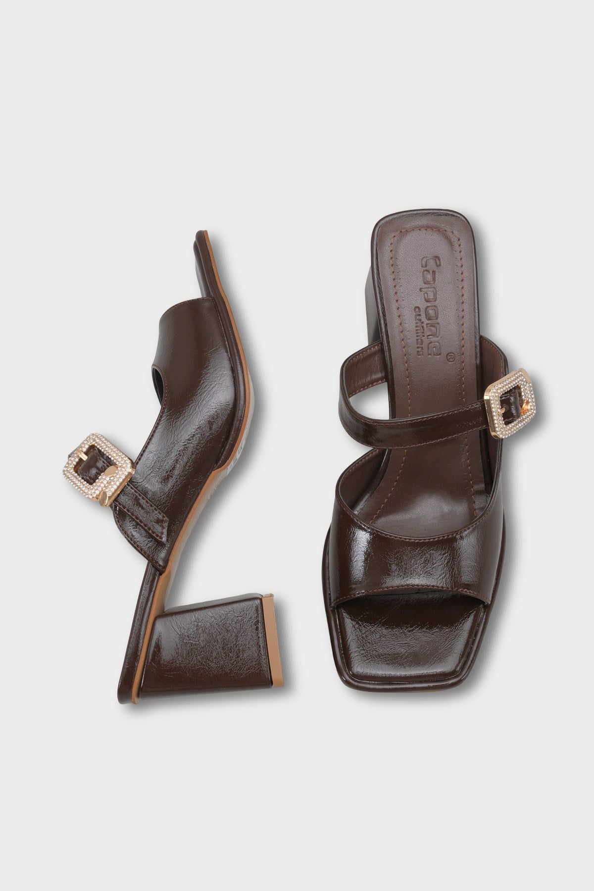 Capone Monika Blunt Toe Medium Heel Crystal Embellished Buckled Women Brown Sandals