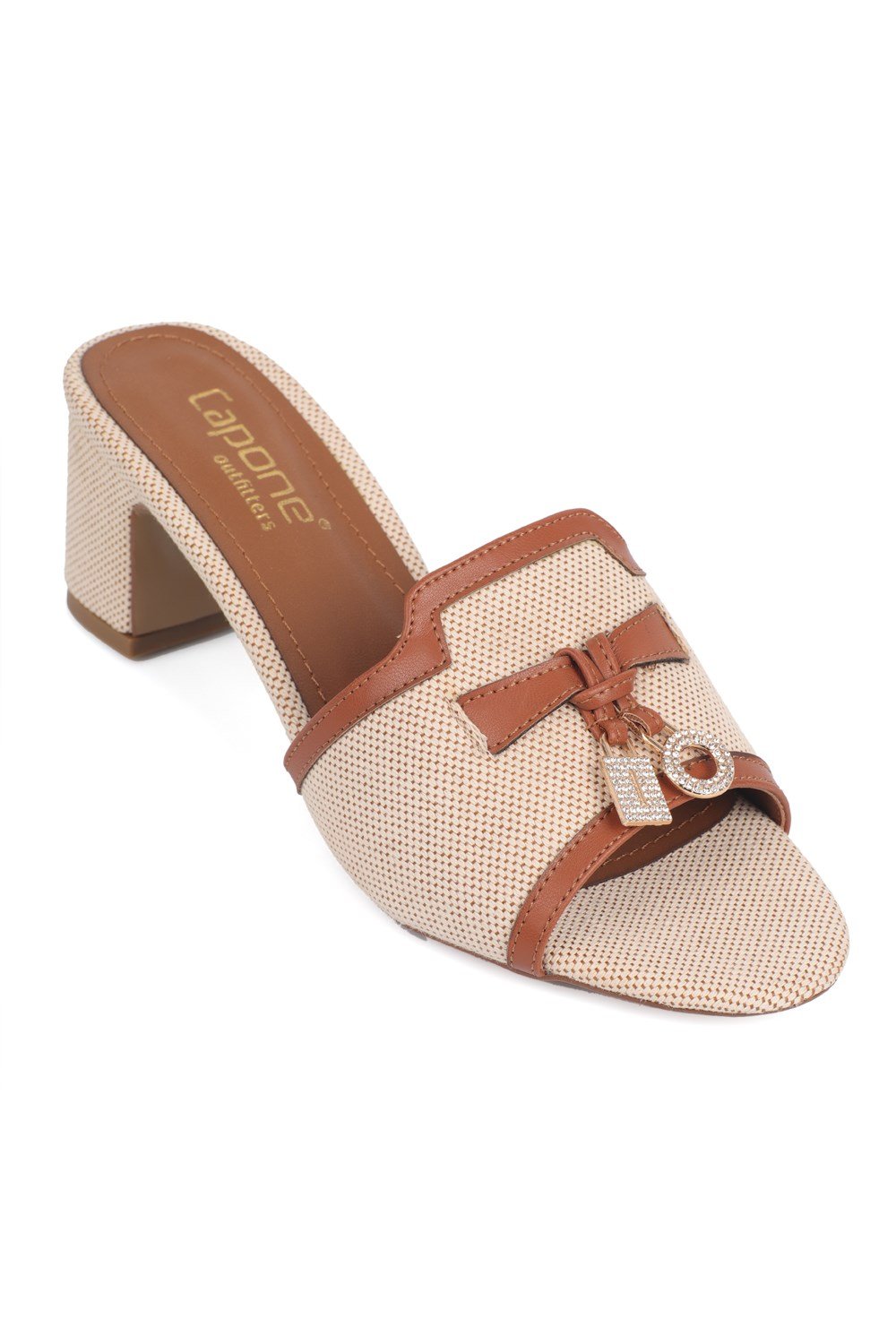 Capone Nady Mid Heel Crystal Embellished Accessory Single Band Women Beige Tan Sandal