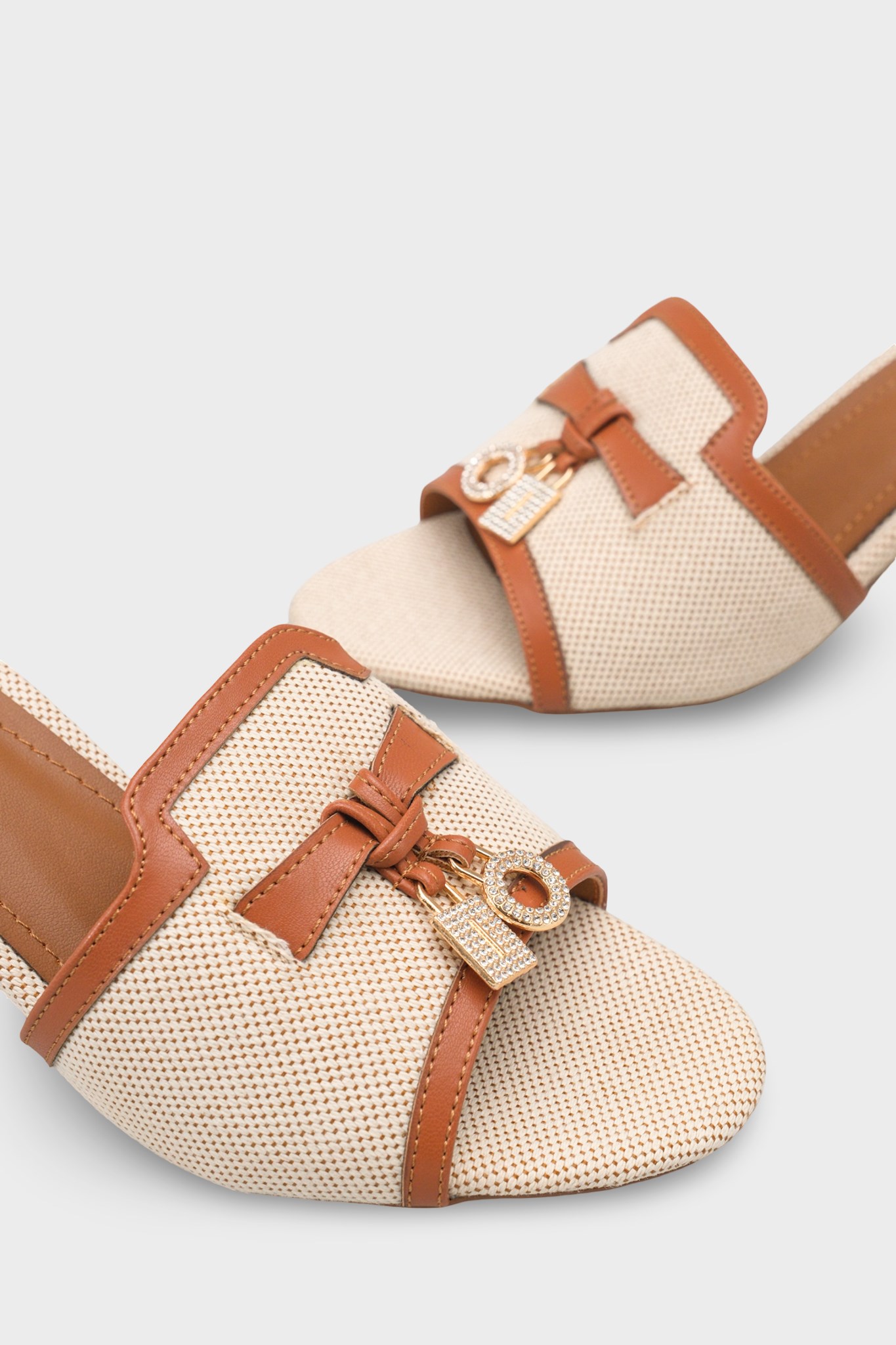 Capone Nady Mid Heel Crystal Embellished Accessory Single Band Women Beige Tan Sandal