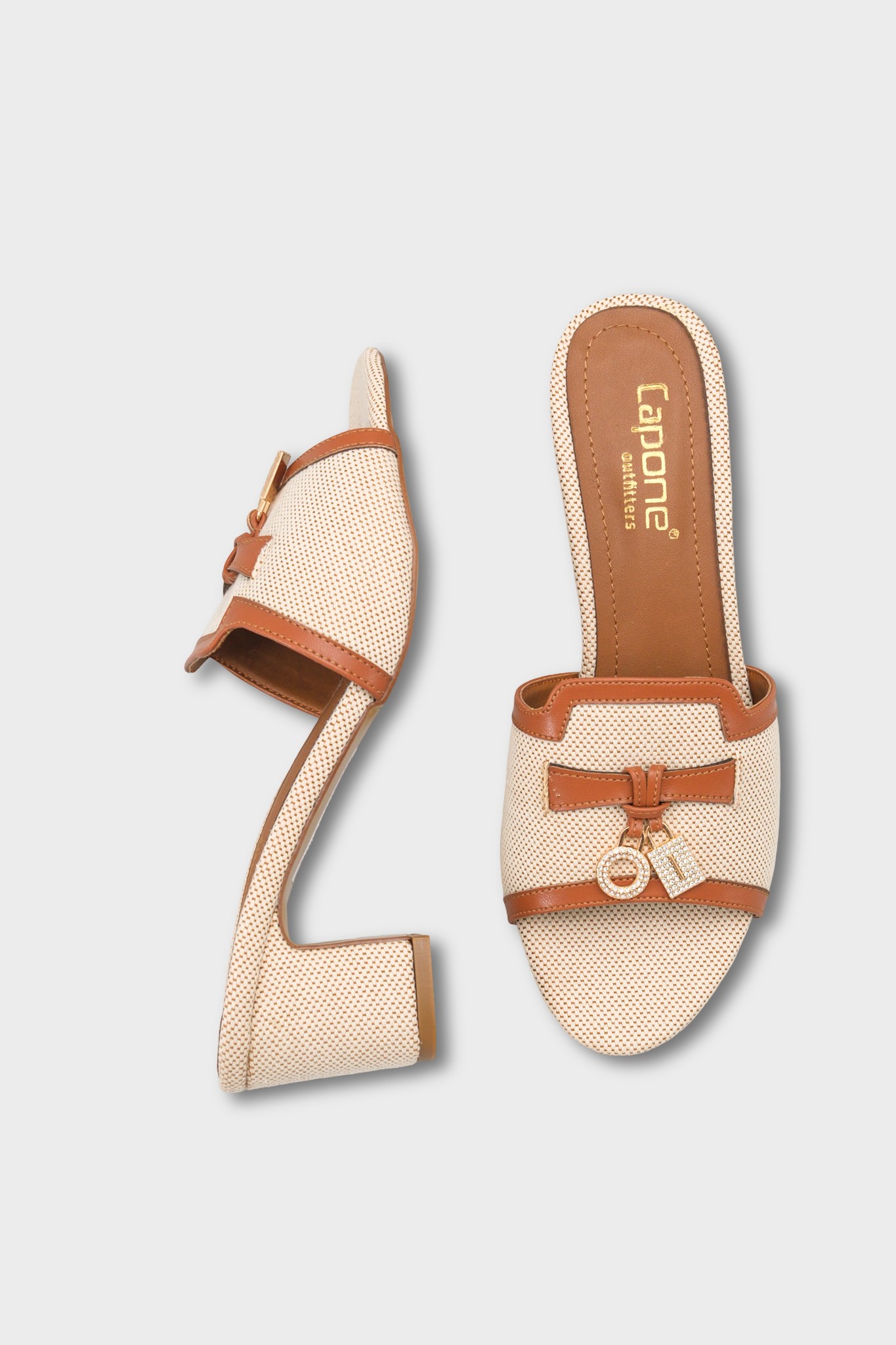 Capone Nady Mid Heel Crystal Embellished Accessory Single Band Women Beige Tan Sandal