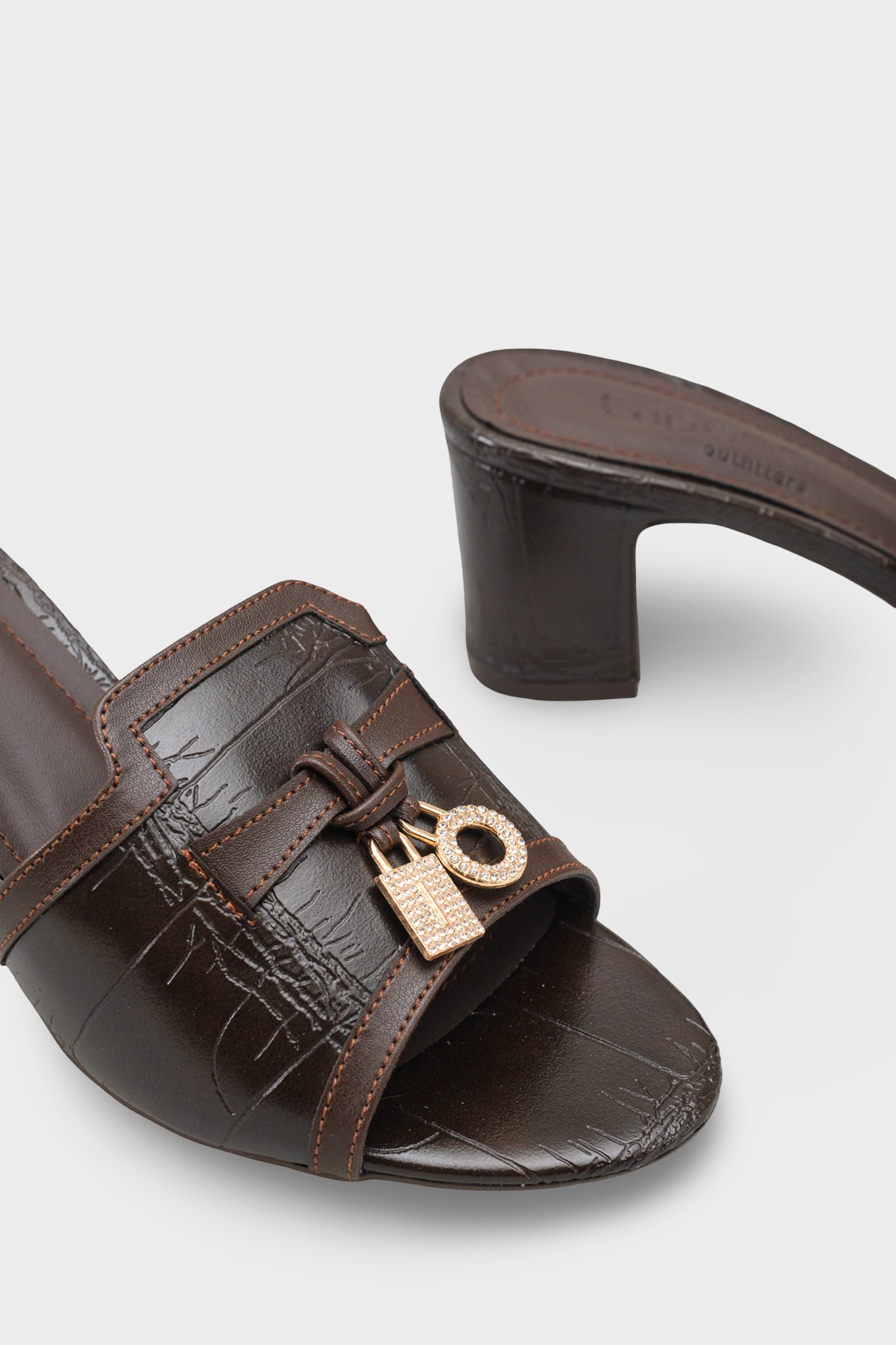 Capone Nady Mid Heel Crystal Embellished Accessory Single Band Women Brown Sandal