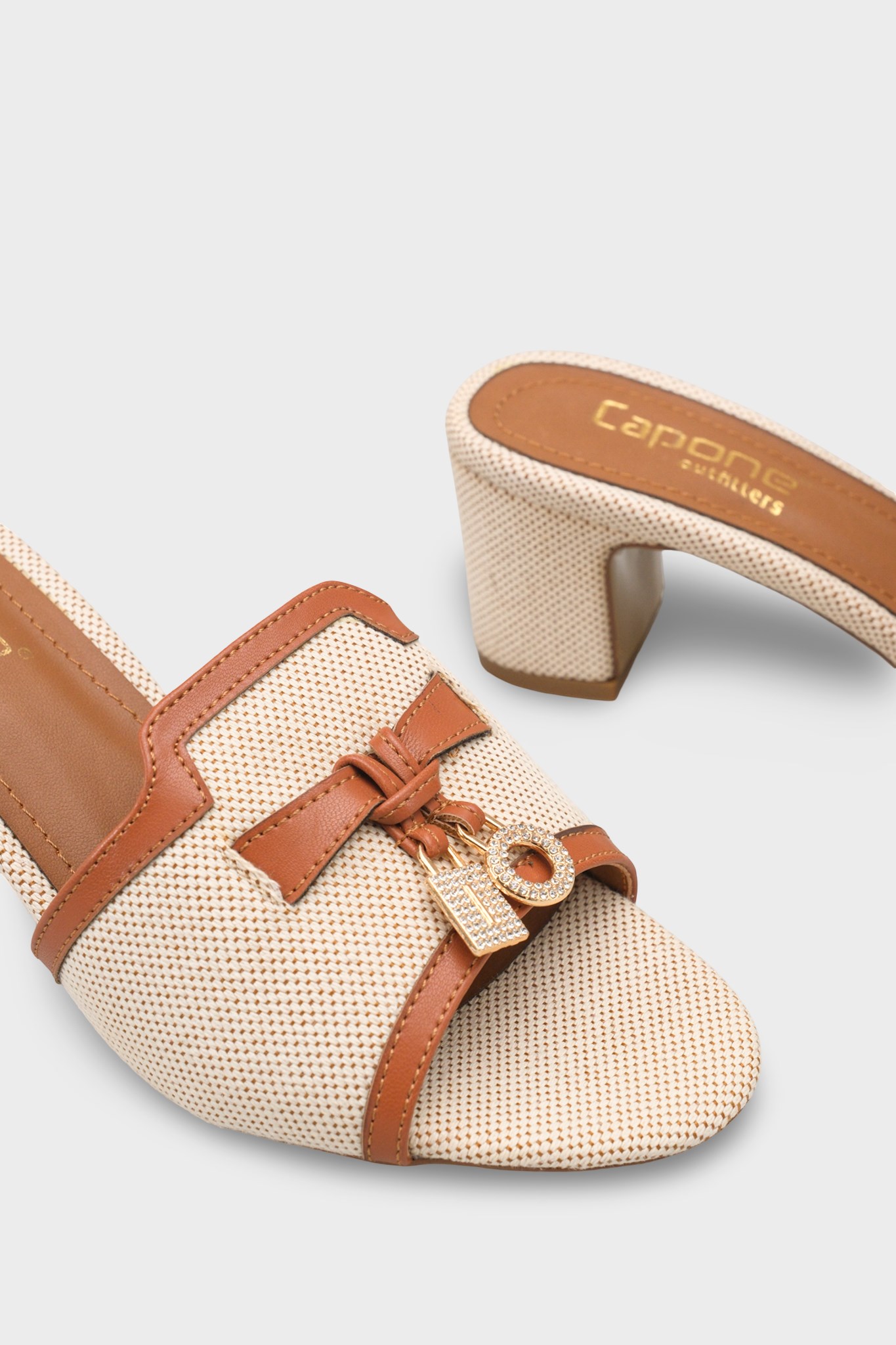 Capone Nady Mid Heel Crystal Embellished Accessory Single Band Women Beige Tan Sandal