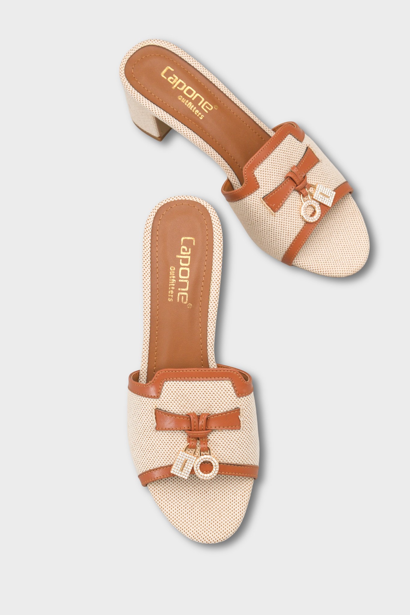 Capone Nady Mid Heel Crystal Embellished Accessory Single Band Women Beige Tan Sandal