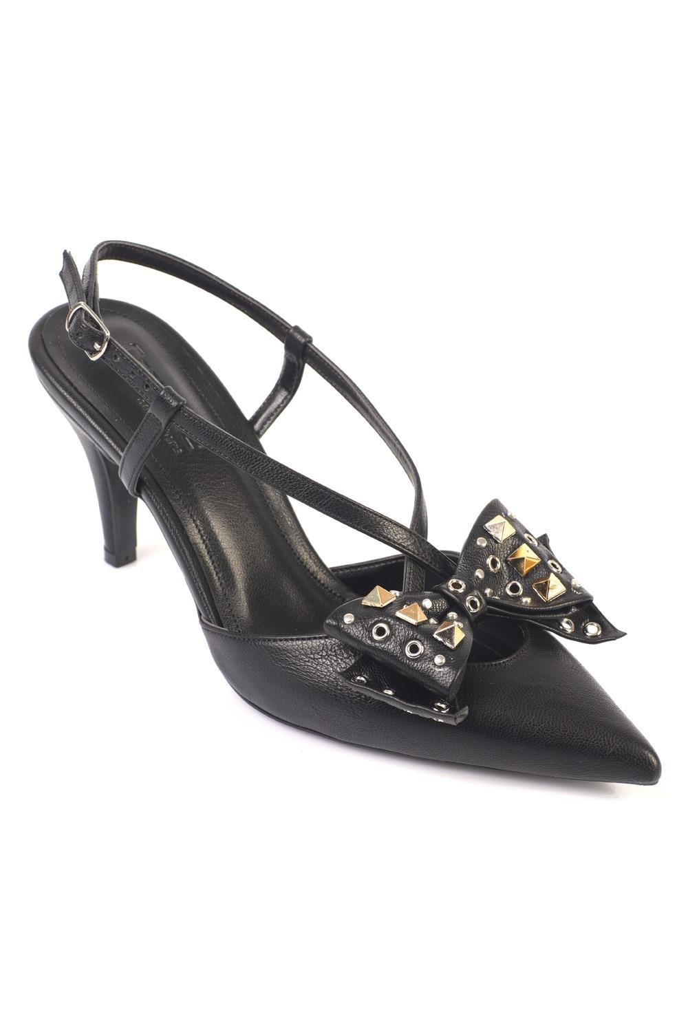 Capone Nancie Mid Heel Metal Studded Bow Detail Open Back Women  Shoe
