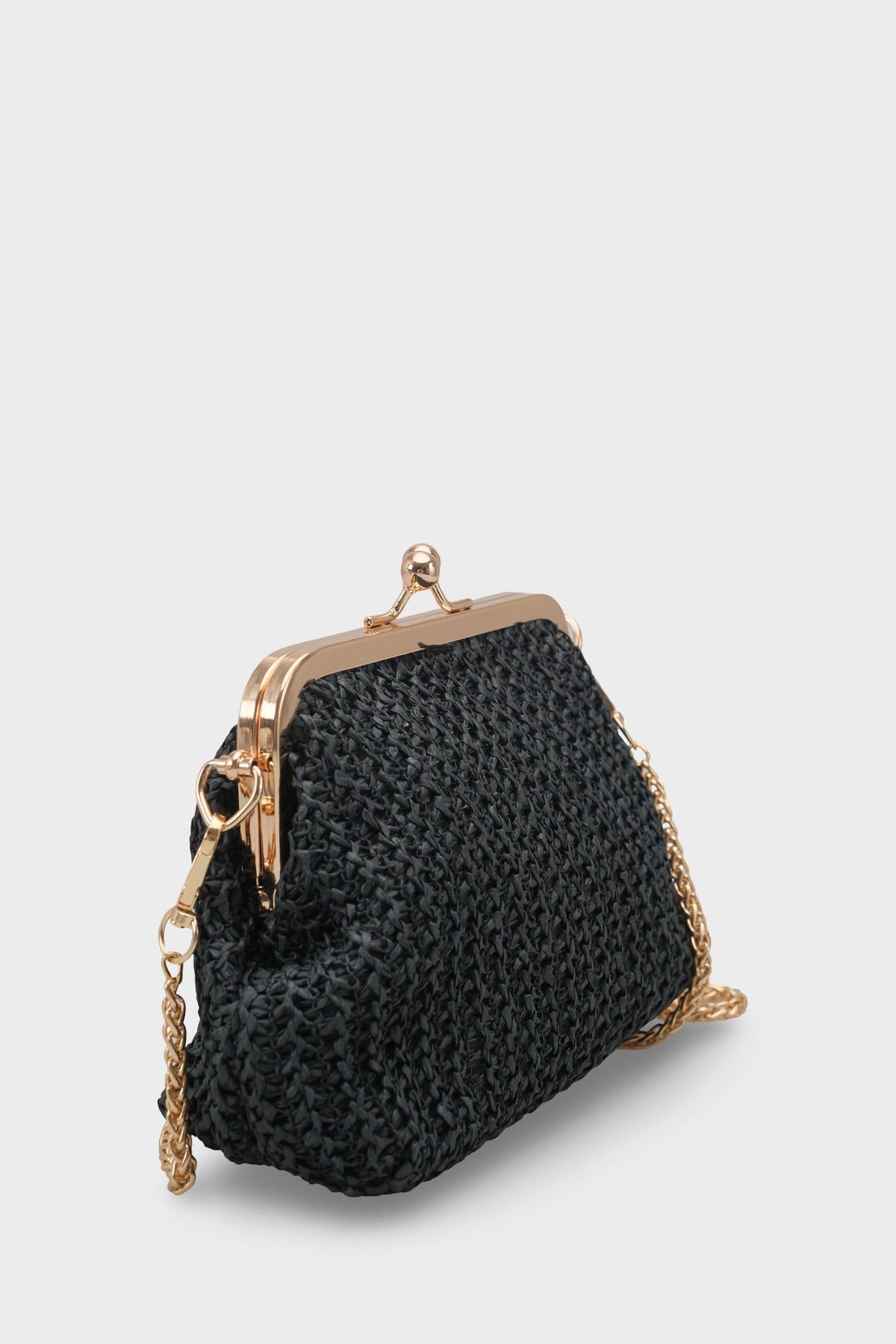 Capone Nice Raffia Look Snap Closure Chain Strap Women Black Bag