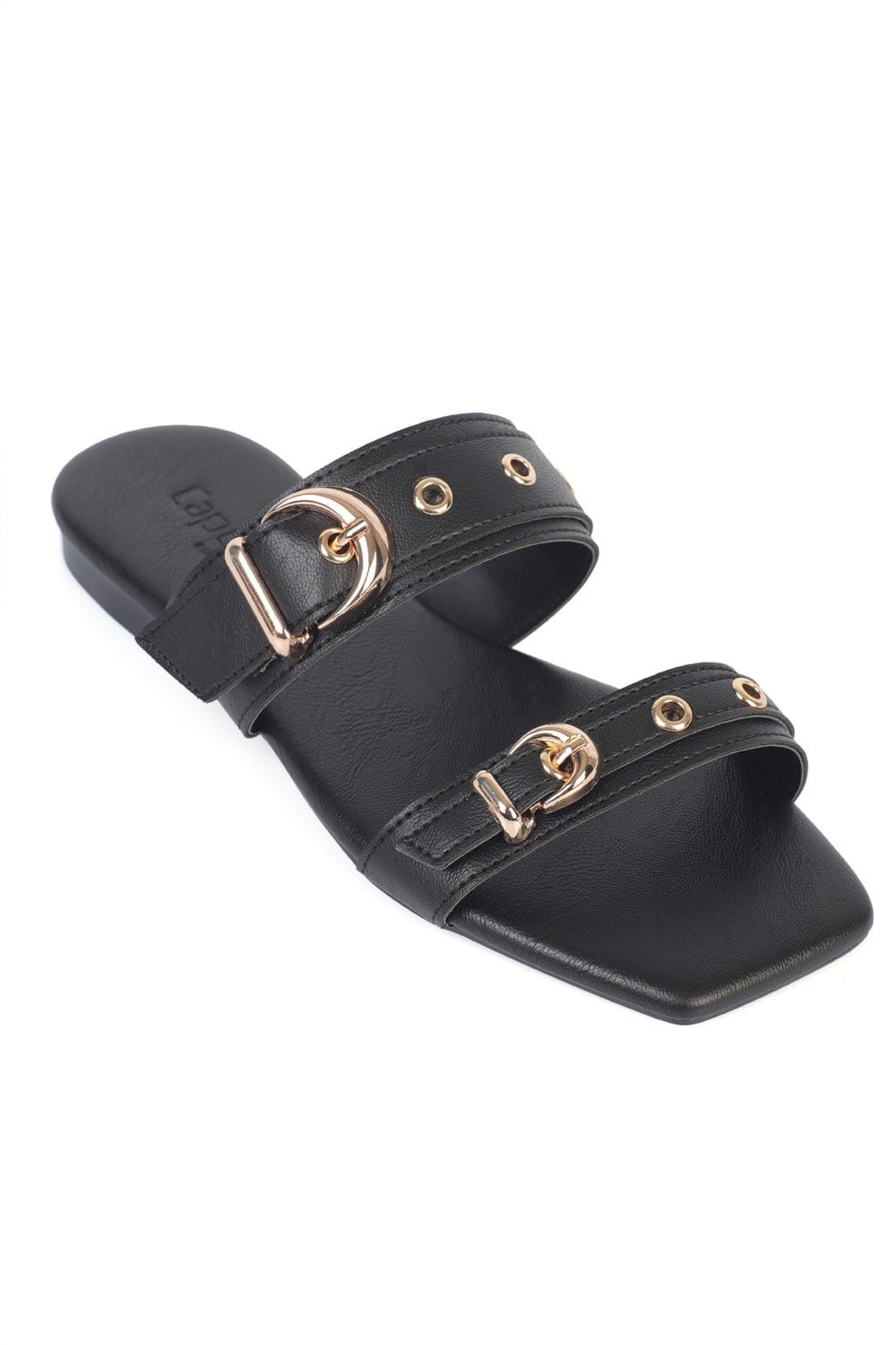 Capone Niki Square Toe Metal Double Buckle Flat Heel Women Black Sandal