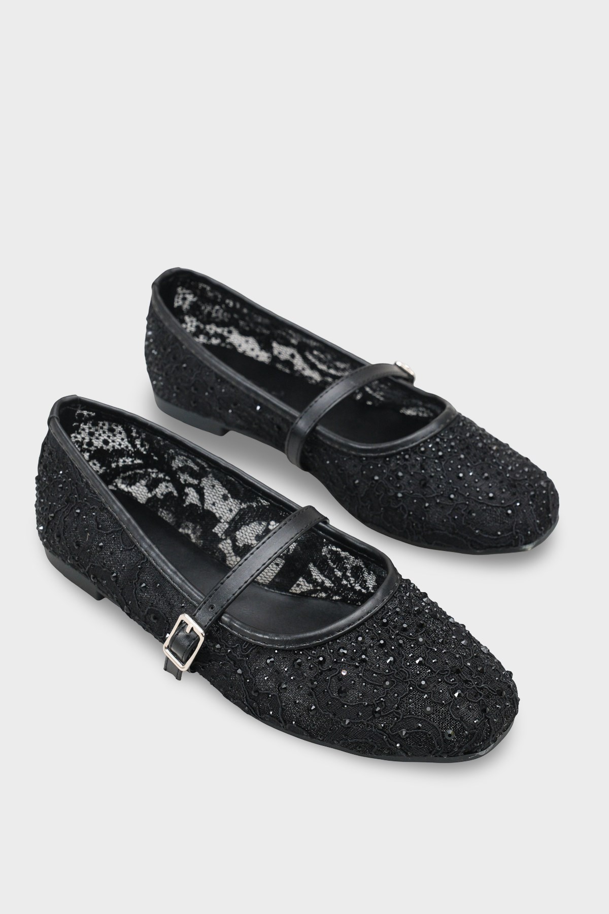 Capone Norean Lace Mesh Embroidered Women Black Ballet Flat