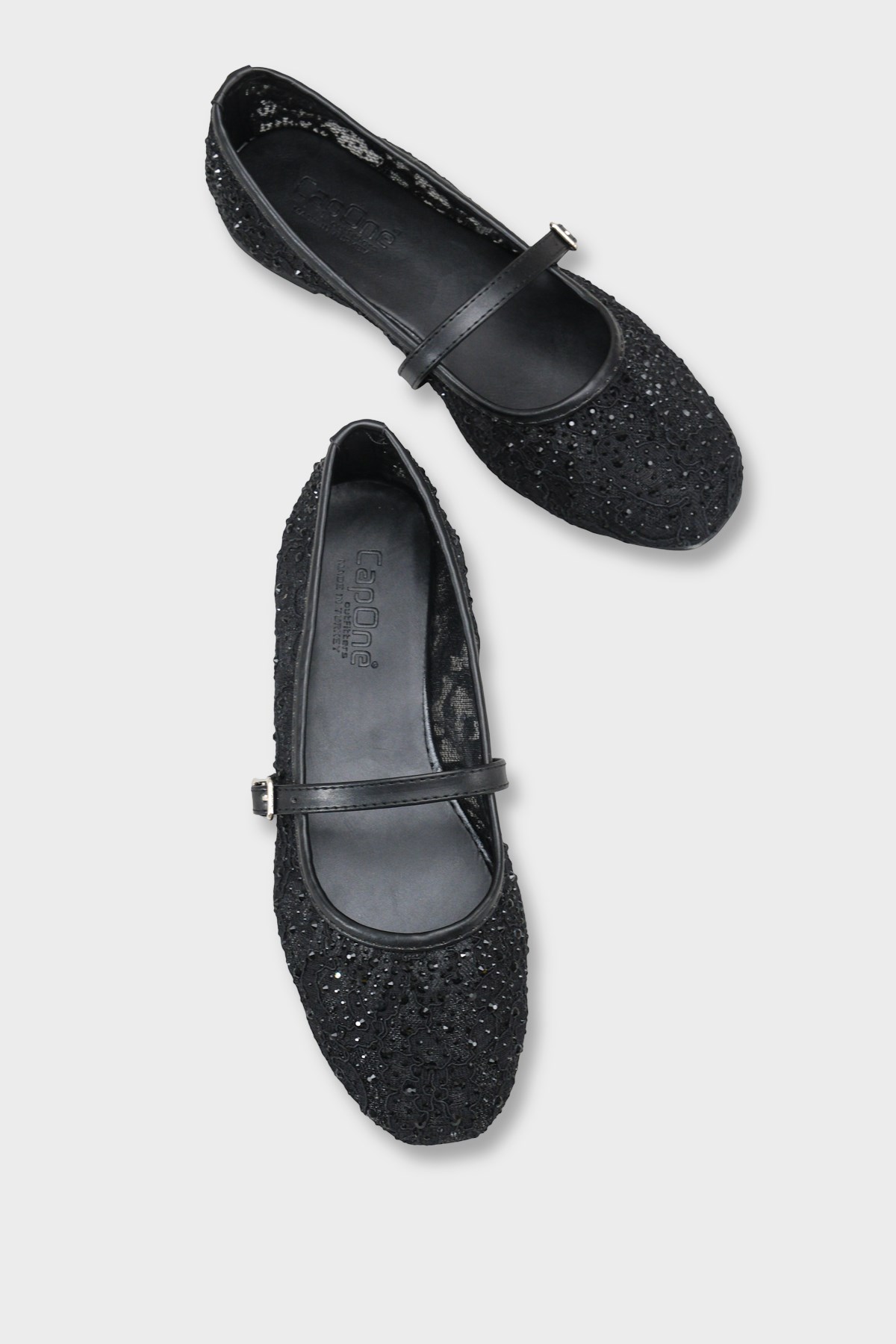 Capone Norean Lace Mesh Embroidered Women Black Ballet Flat