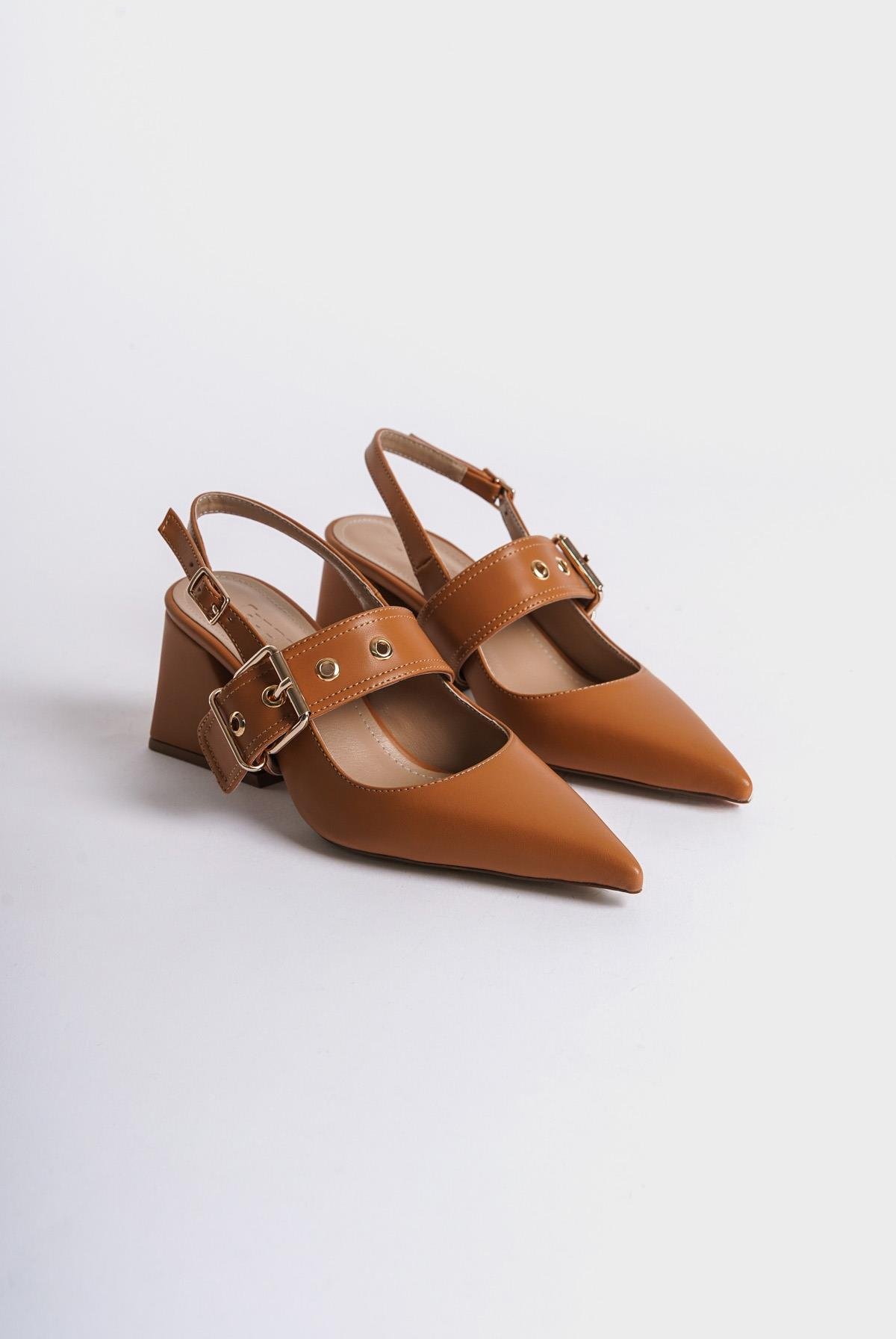 Capone Open Back Banded Buckle Detailed Thick Heeled Women Honey Shoes