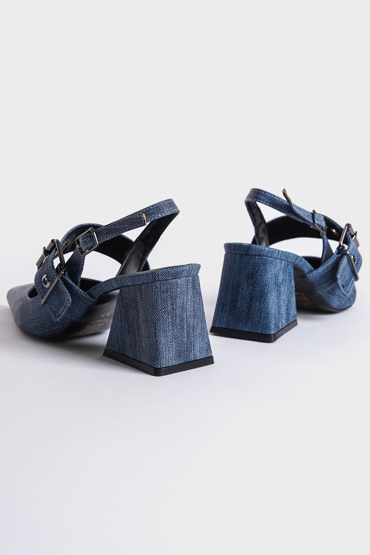 Capone Open Back Banded Buckle Detailed Thick Heeled Women Blue Shoes