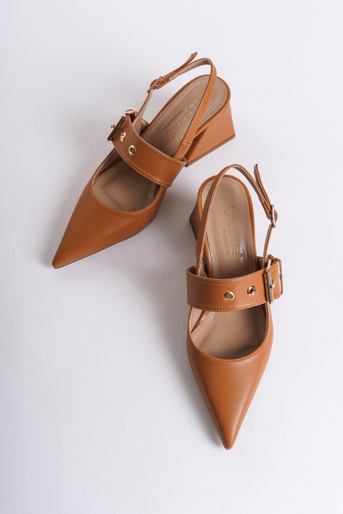 Capone Open Back Banded Buckle Detailed Thick Heeled Women Honey Shoes