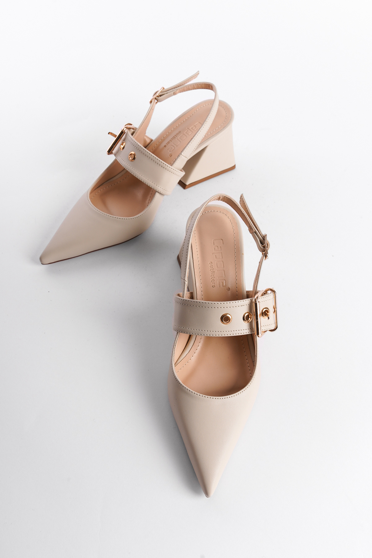Capone Open Back Banded Buckle Detailed Thick Heeled Women Ecru Shoes