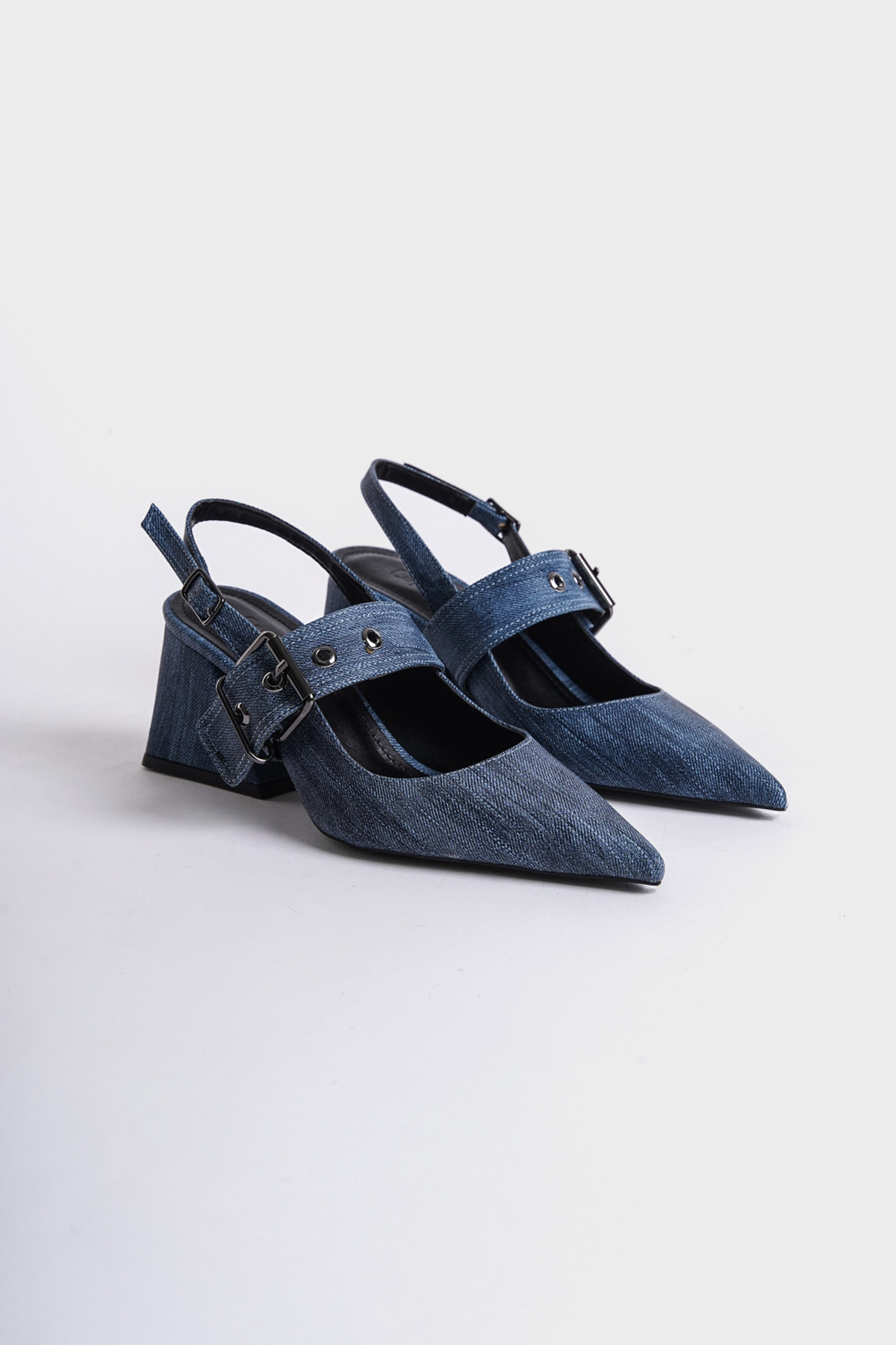 Capone Open Back Banded Buckle Detailed Thick Heeled Women Blue Shoes