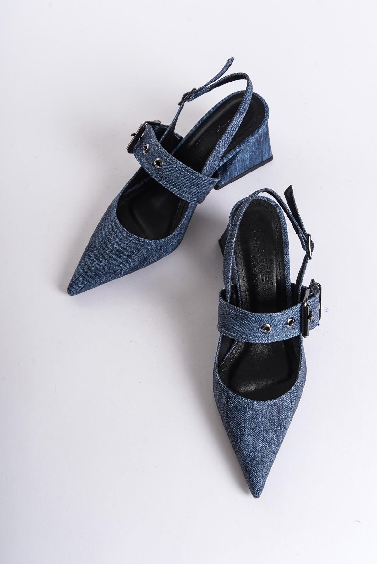 Capone Open Back Banded Buckle Detailed Thick Heeled Women Blue Shoes