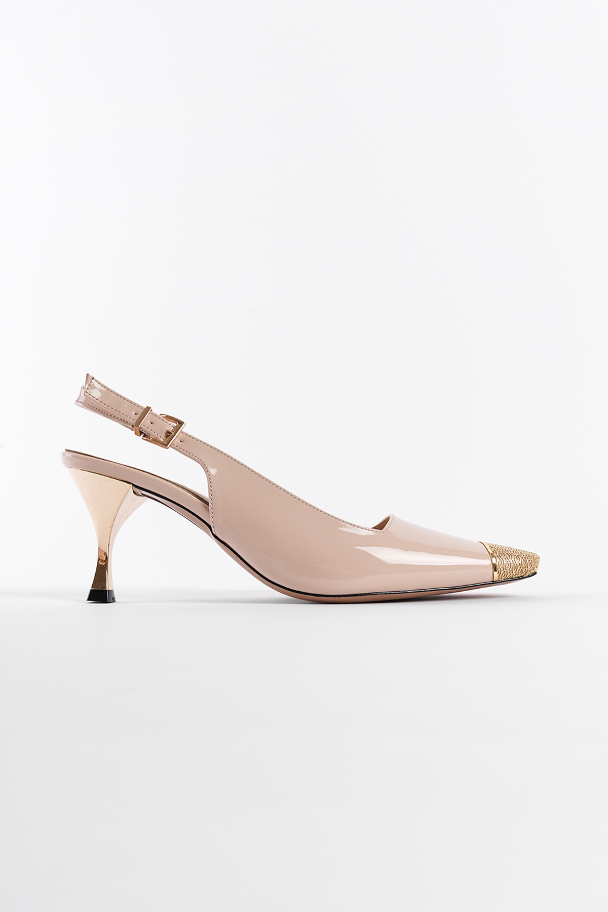 Capone Open Back Blunt Toe Accessory Mid Heeled Patent Faux Leather Women Patent Beige Shoes