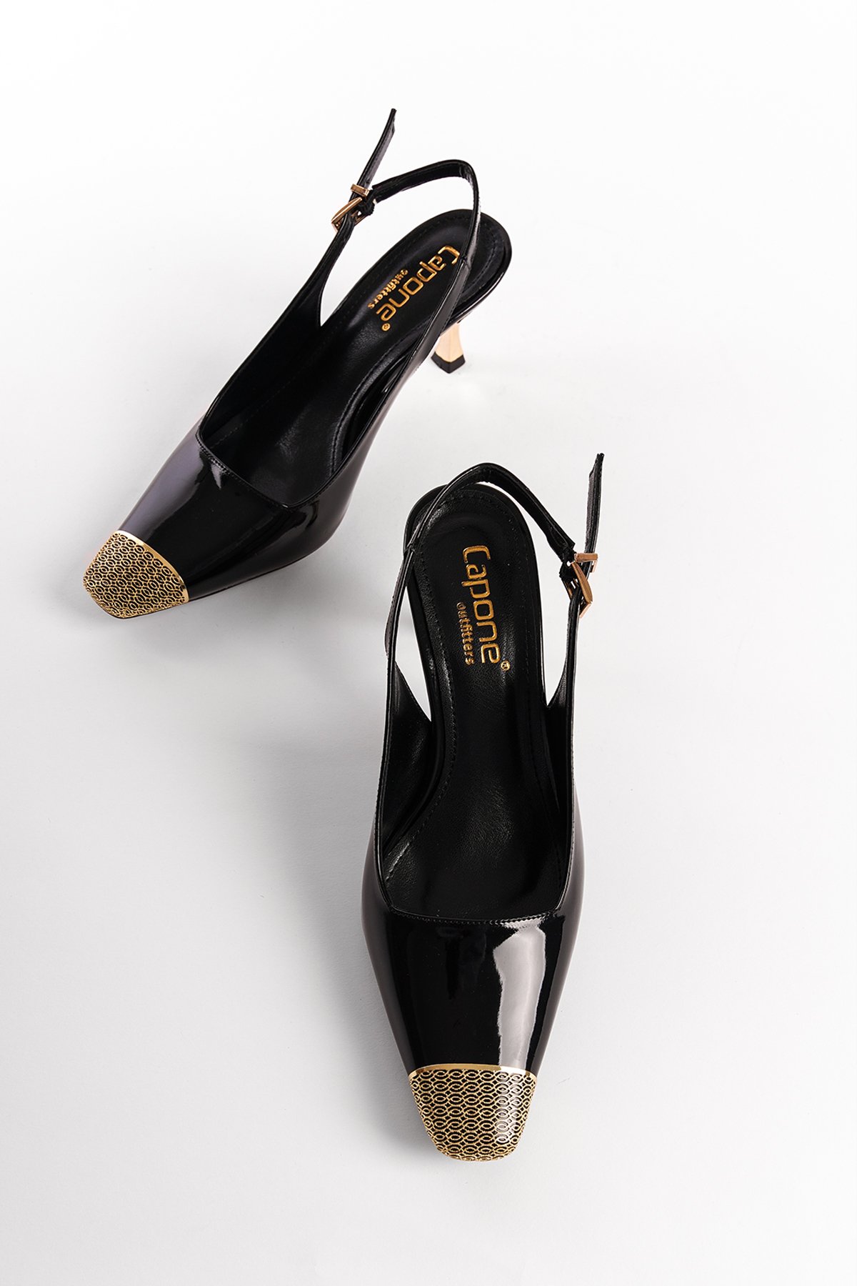 Capone Open Back Blunt Toe Accessory Mid Heeled Patent Faux Leather Women Patent Black Shoes