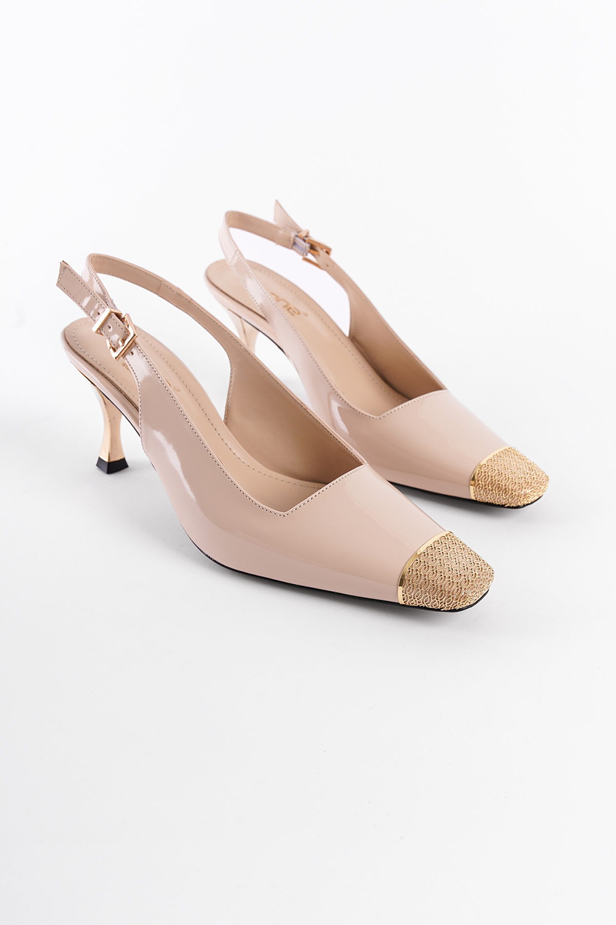 Capone Open Back Blunt Toe Accessory Mid Heeled Patent Faux Leather Women Patent Beige Shoes