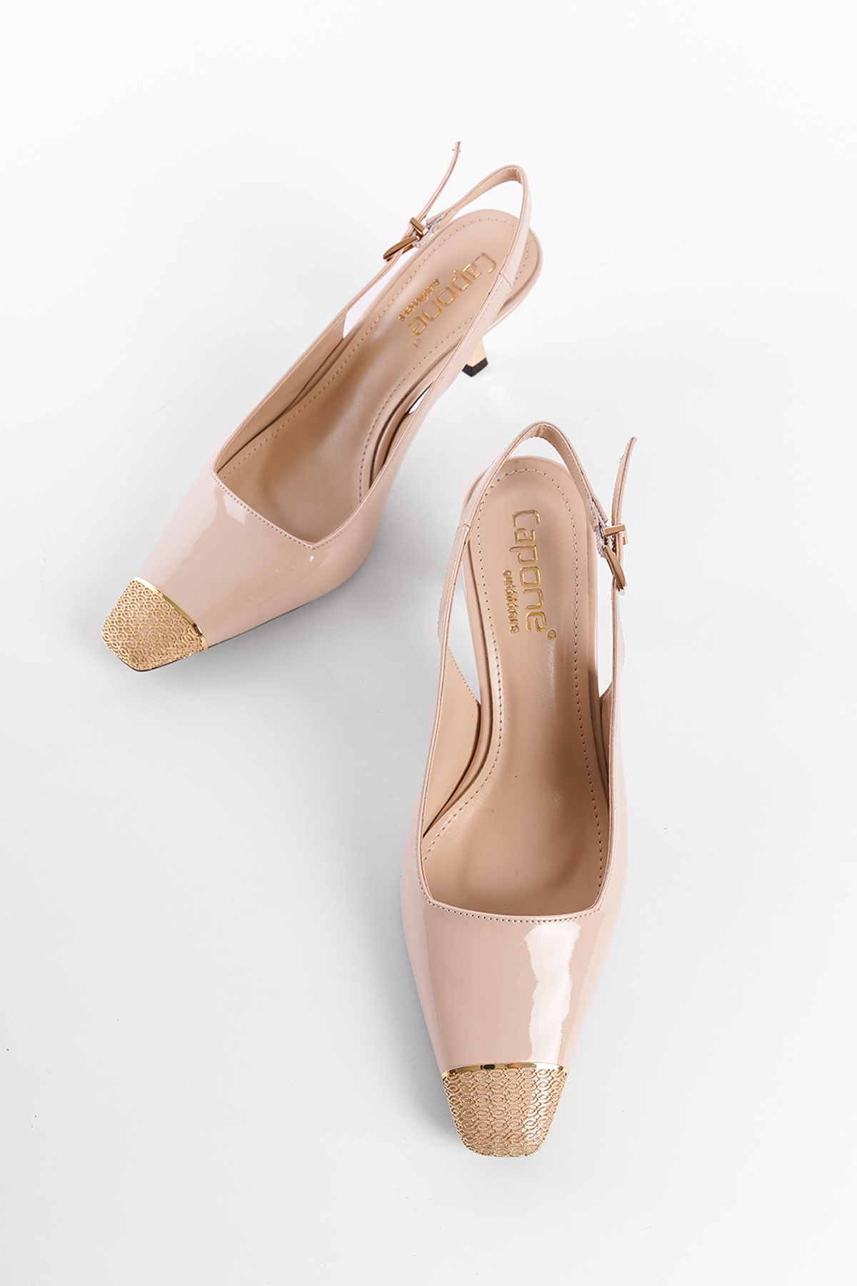 Capone Open Back Blunt Toe Accessory Mid Heeled Patent Faux Leather Women Patent Beige Shoes