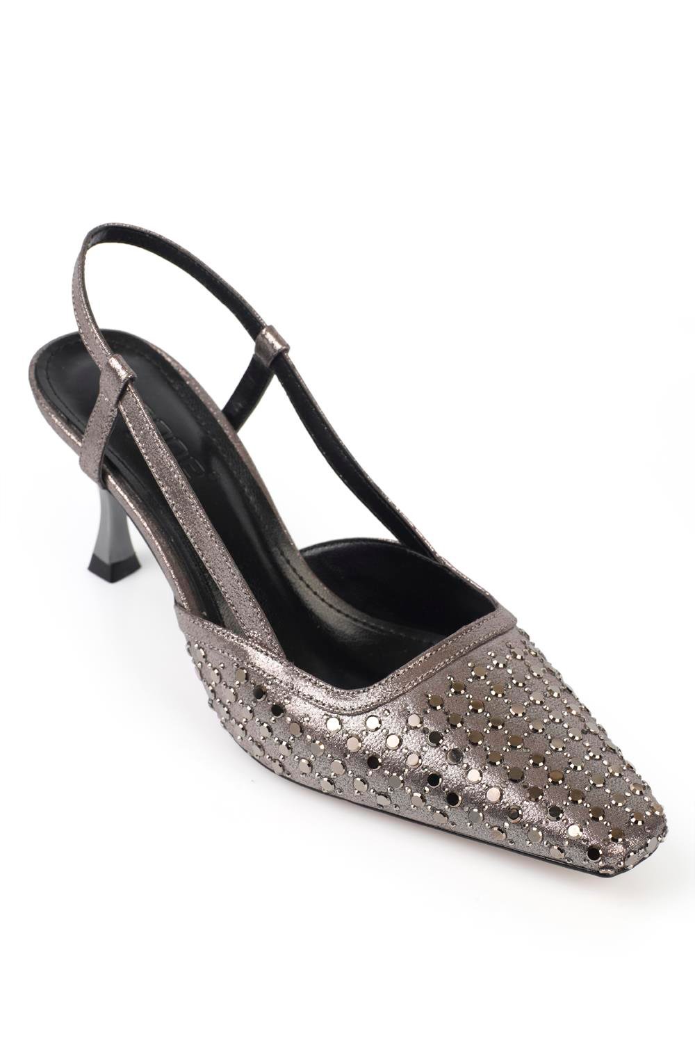 Capone Open Back Blunt Toe Crystal Embellished Mid Heeled Women Platinum Shoes