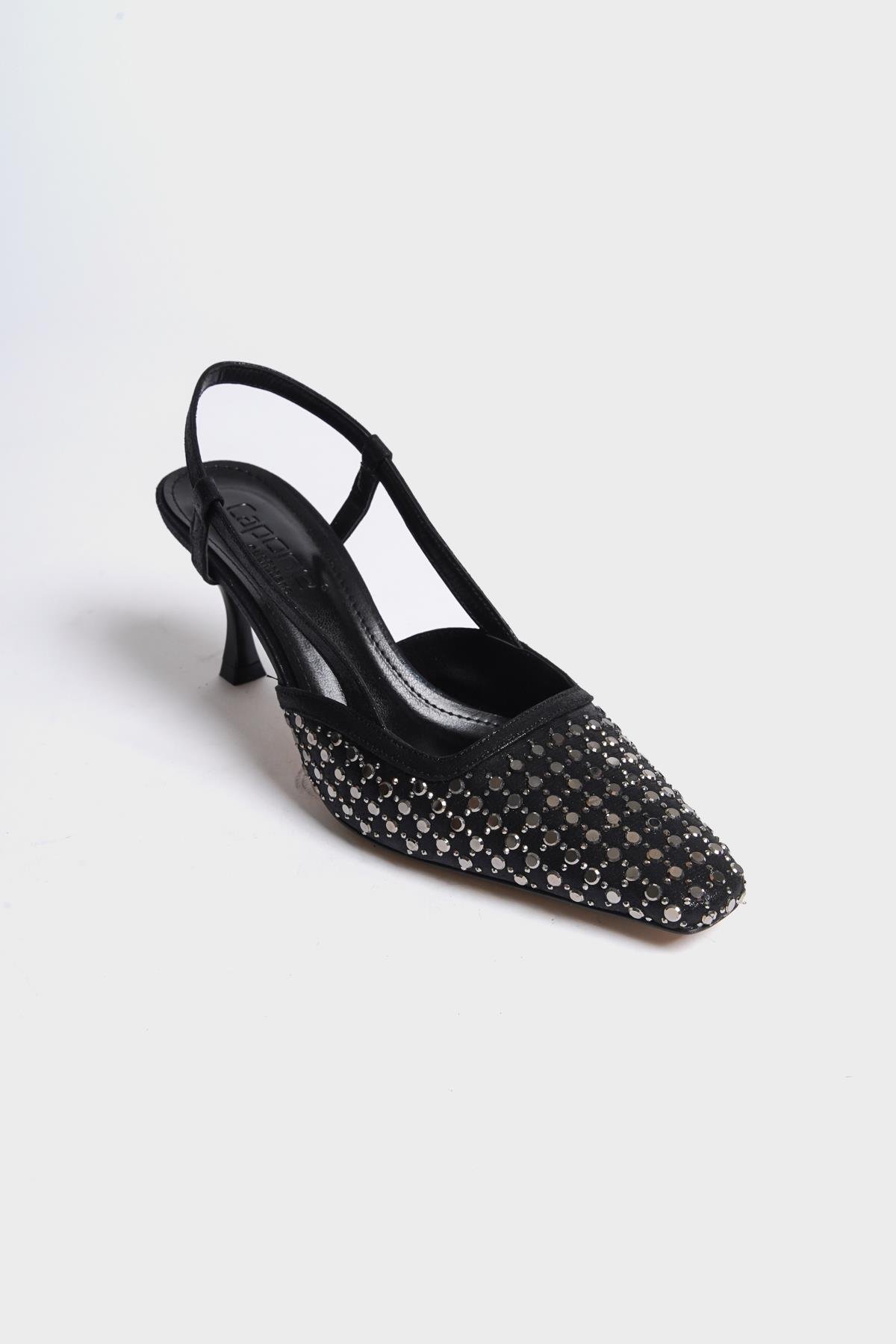 Capone Open Back Blunt Toe Crystal Embellished Mid Heeled Women Black Shoes