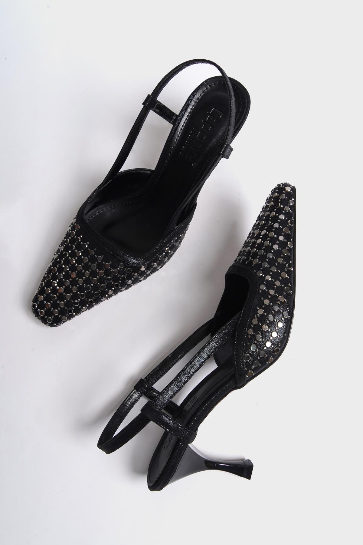 Capone Open Back Blunt Toe Crystal Embellished Mid Heeled Women Black Shoes