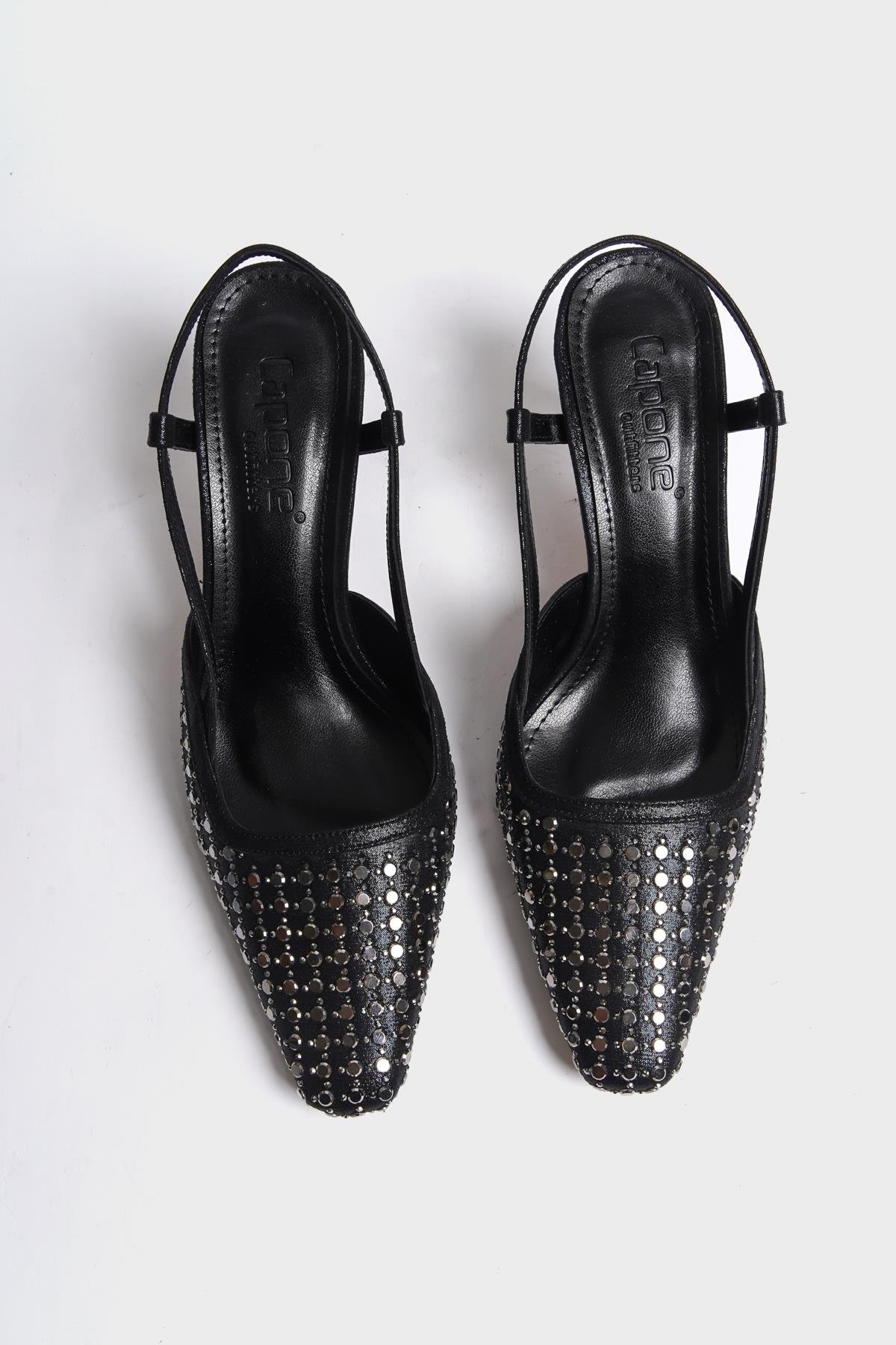 Capone Open Back Blunt Toe Crystal Embellished Mid Heeled Women Black Shoes