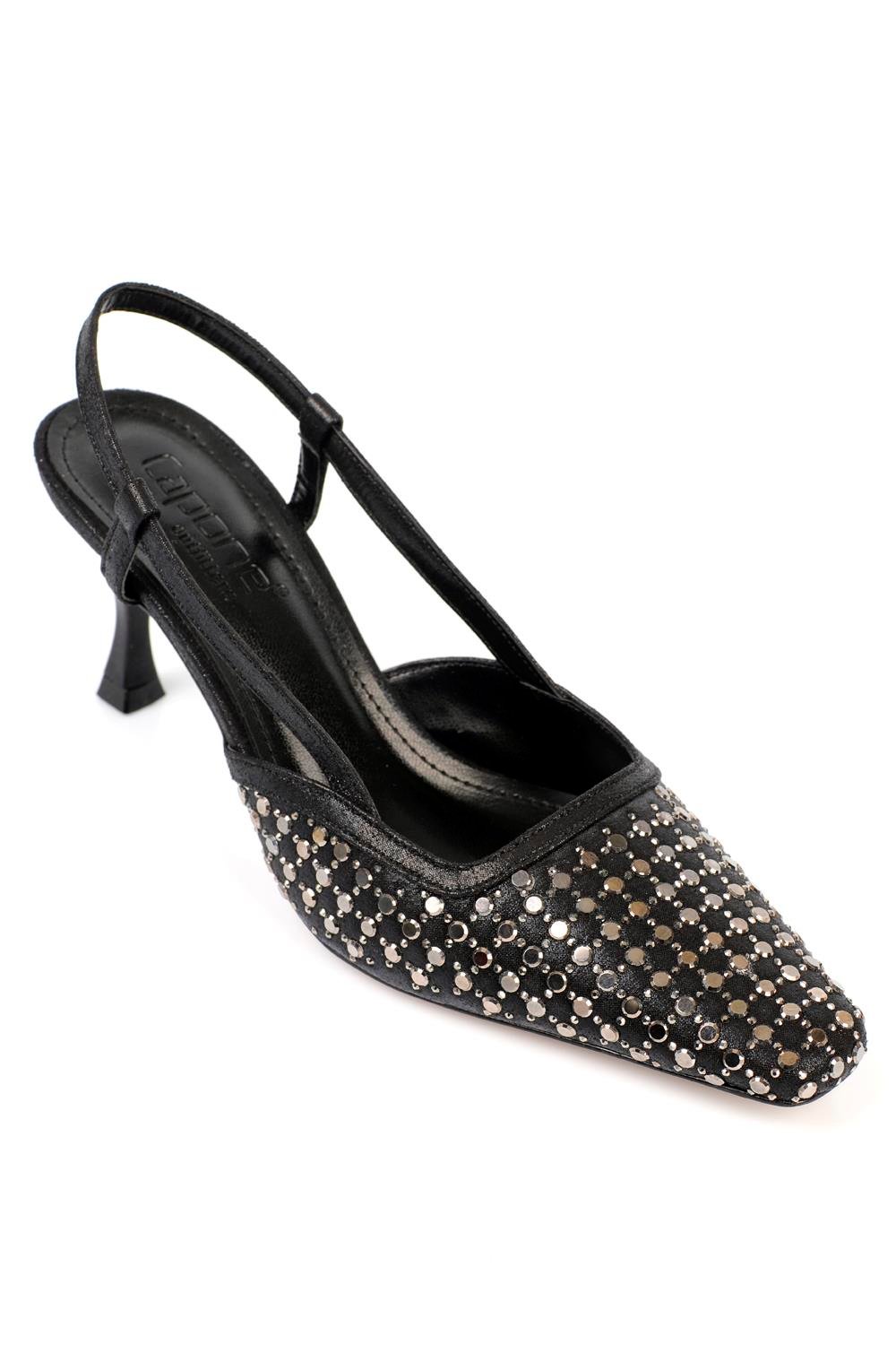 Capone Open Back Blunt Toe Crystal Embellished Mid Heeled Women Black Shoes