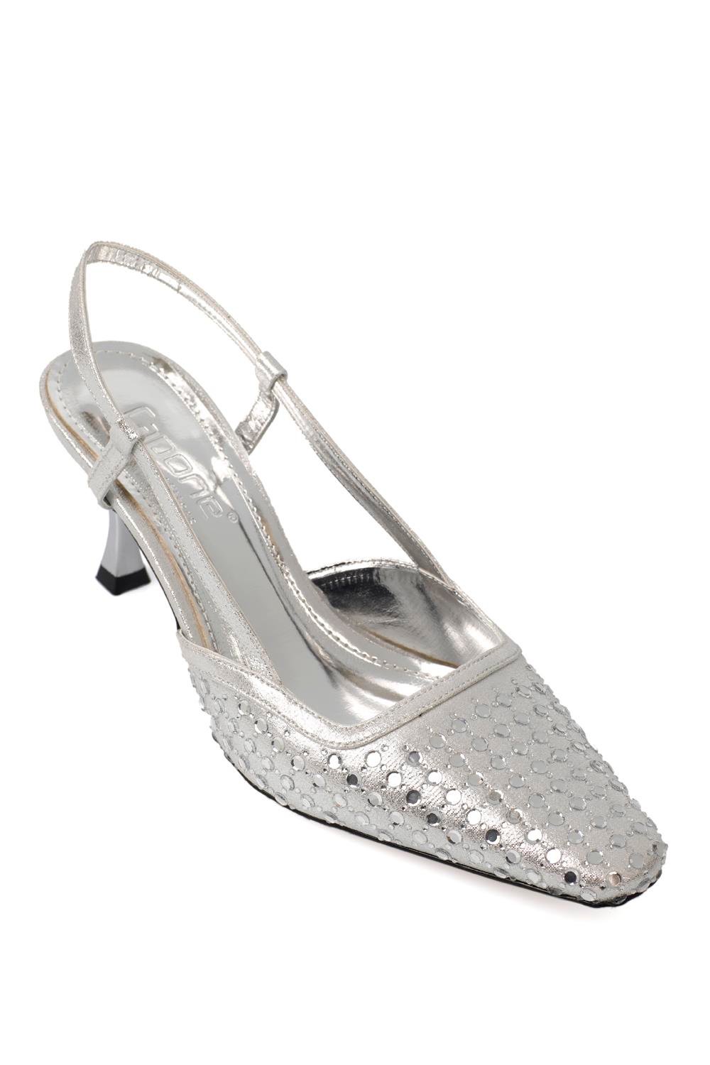 Capone Open Back Blunt Toe Crystal Embellished Mid Heeled Women Silver Shoes